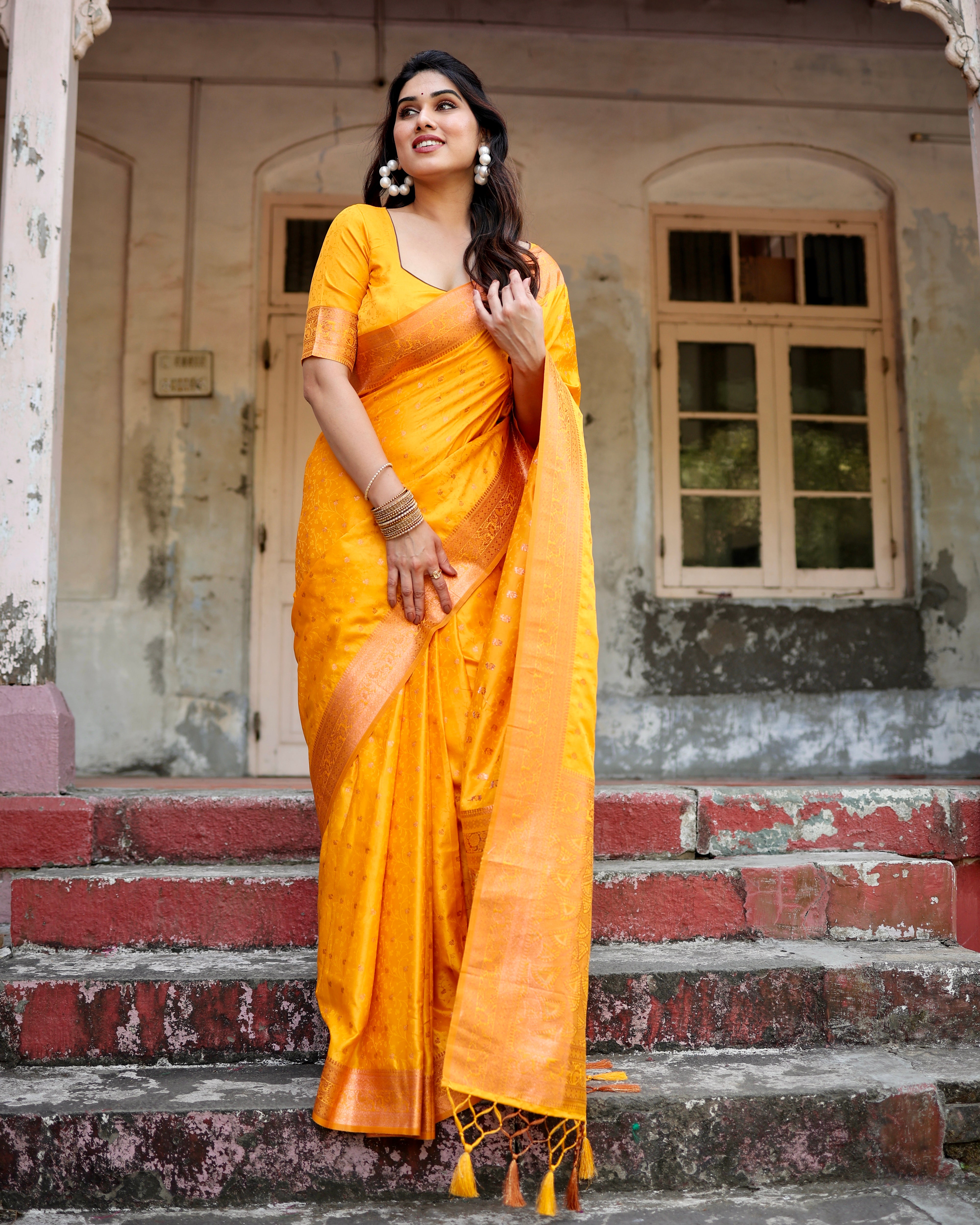 Pure Yellow Gaji Silk Saree With Zari Work With Tassels