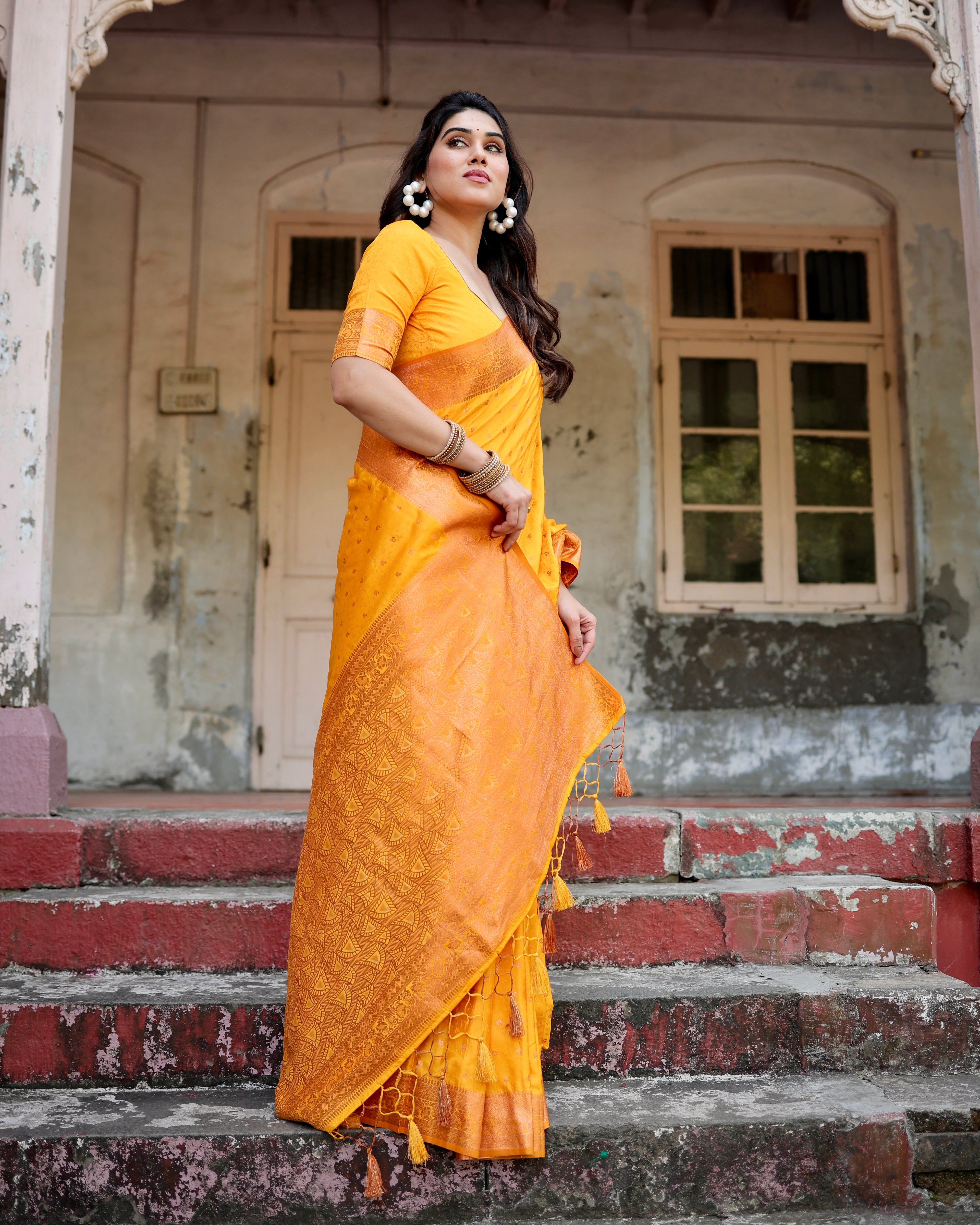 Pure Yellow Gaji Silk Saree With Zari Work With Tassels