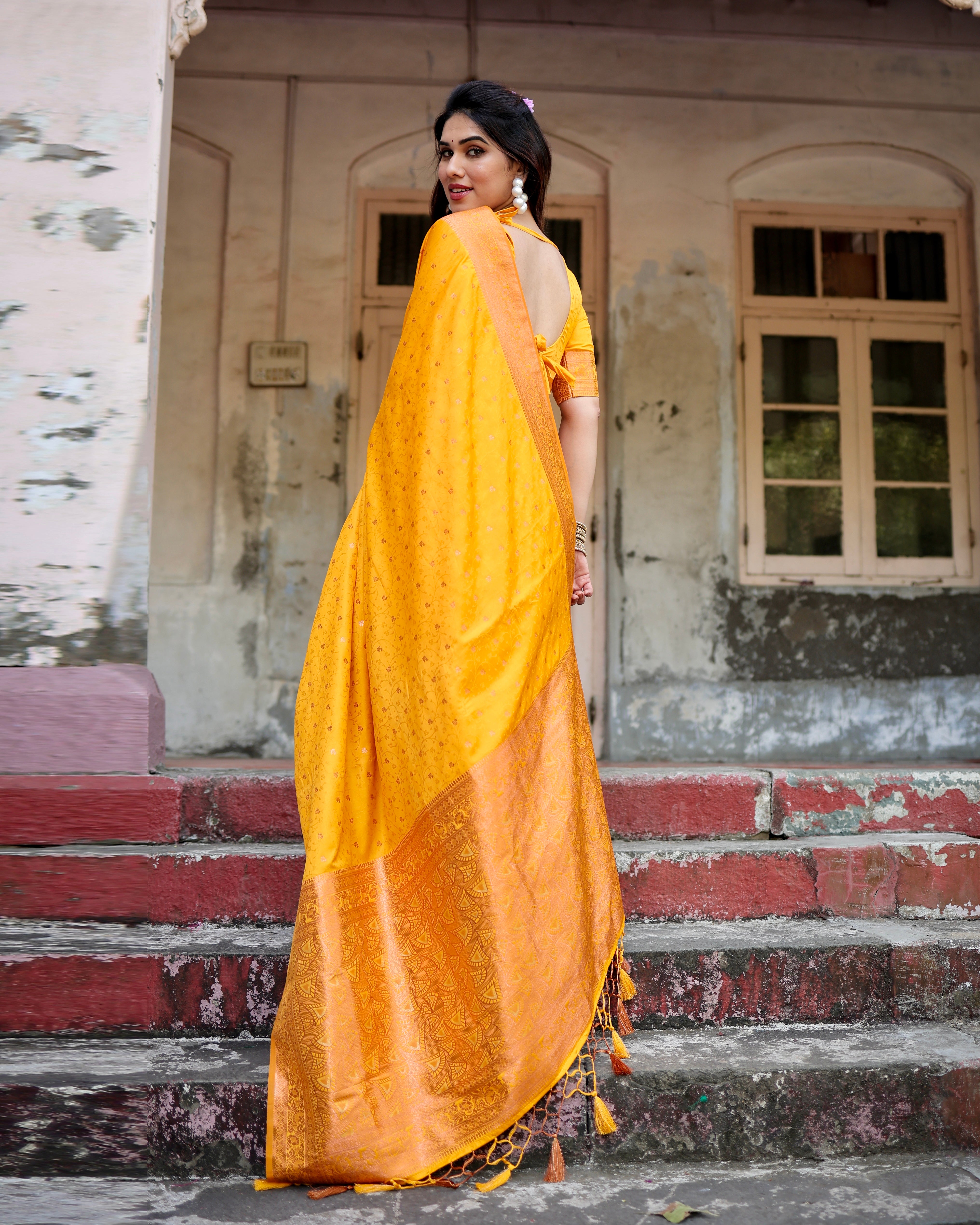 Pure Yellow Gaji Silk Saree With Zari Work With Tassels