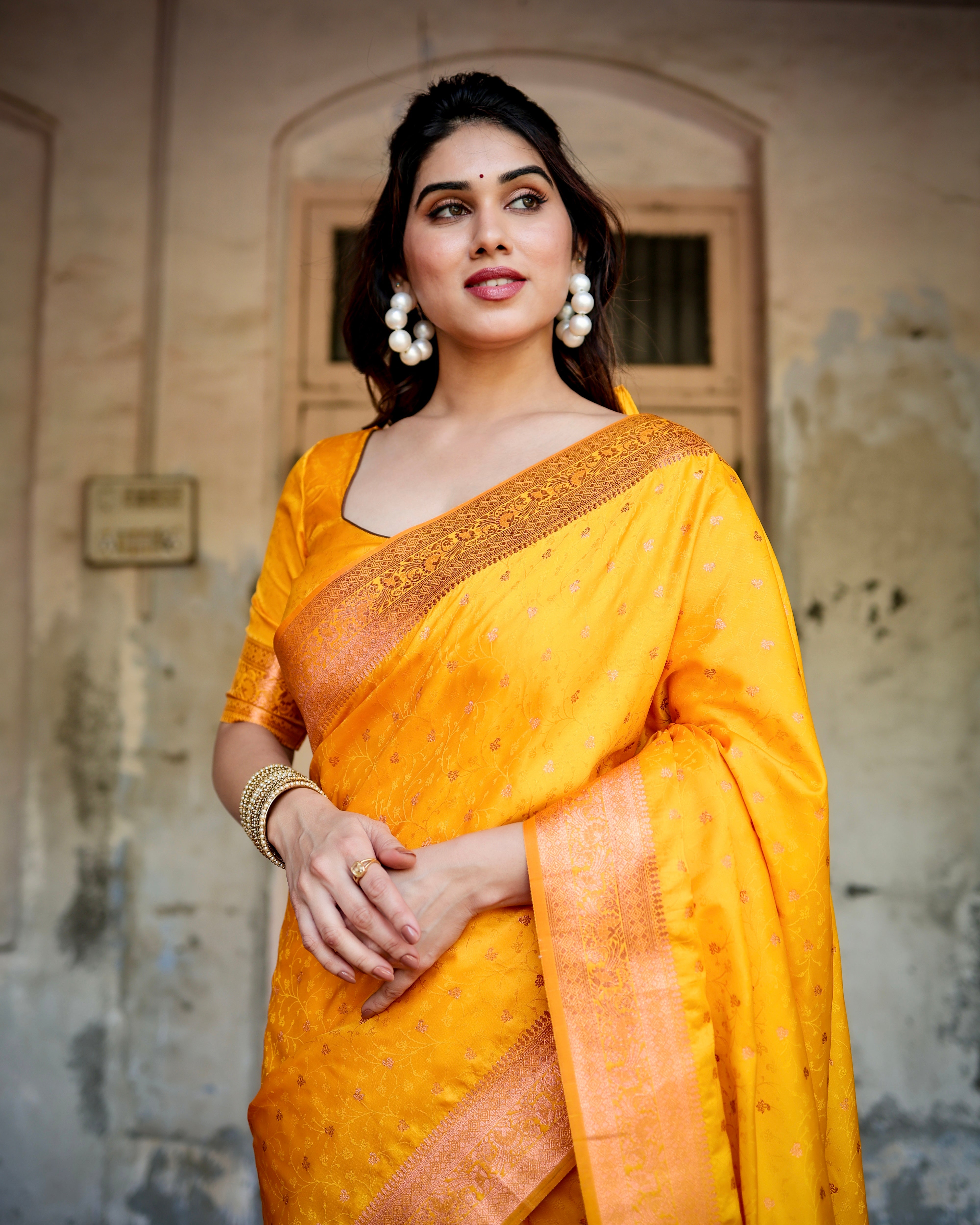 Pure Yellow Gaji Silk Saree With Zari Work With Tassels