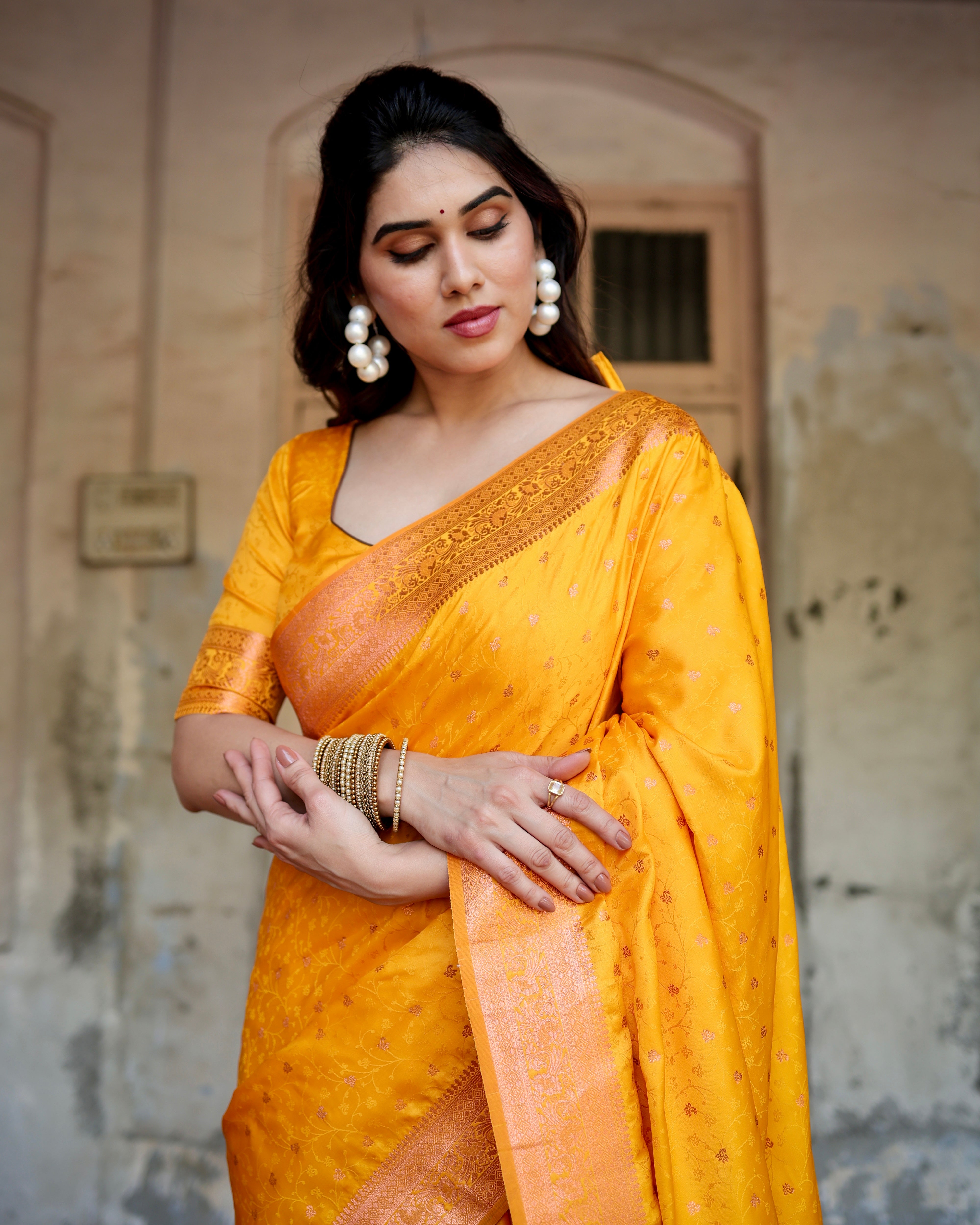 Pure Yellow Gaji Silk Saree With Zari Work With Tassels