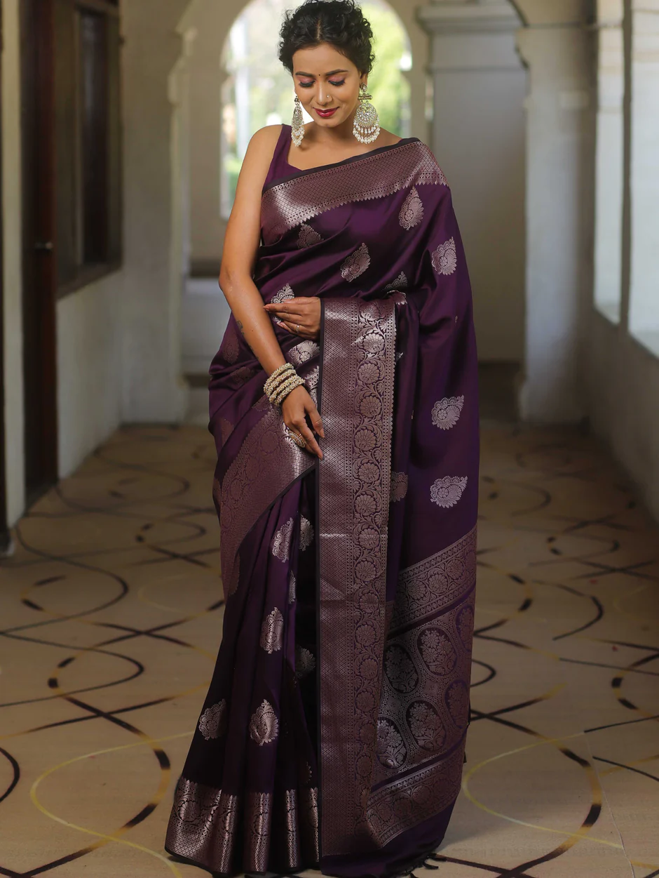 Banarasi Silk Wine Saree With Zari Comes With Heavy Banarasi Blouse