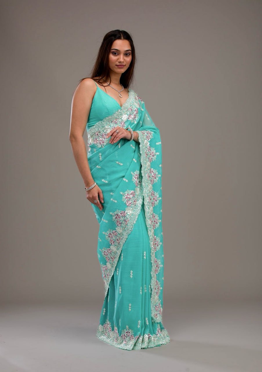 Sea Green Premium Crunchy Saree Embroidered Thread Work