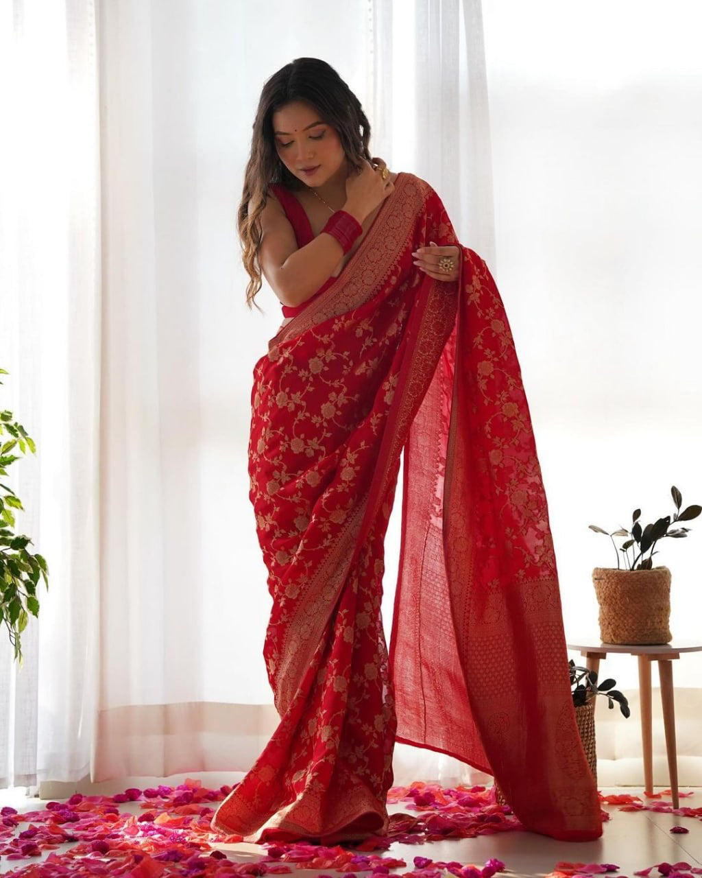 Sareely Beatiful Red Kanjivaram Silk Jacquard Saree