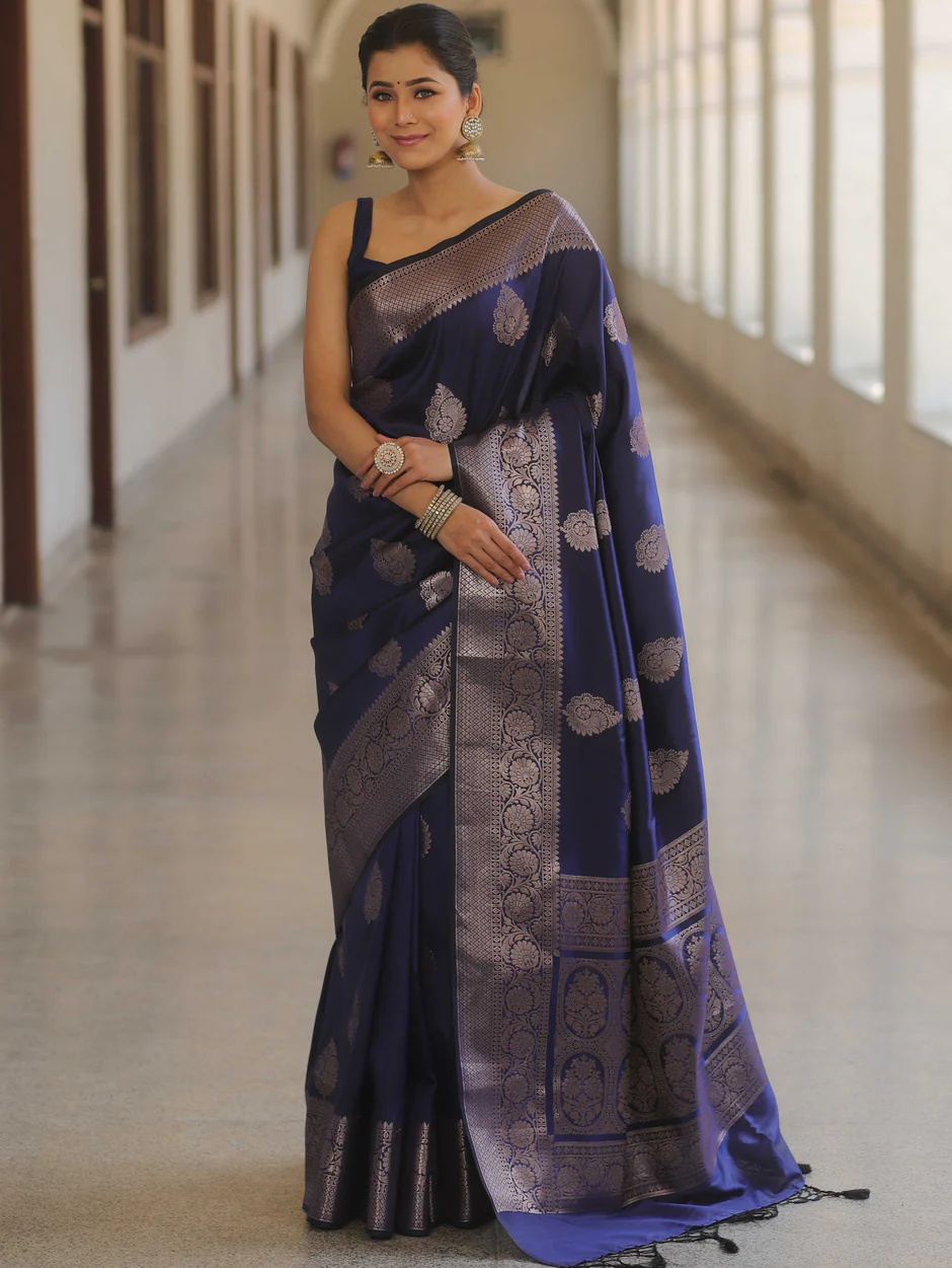 Banarasi Silk NavyBlue Saree With Zari Comes With Heavy Banarasi Blouse