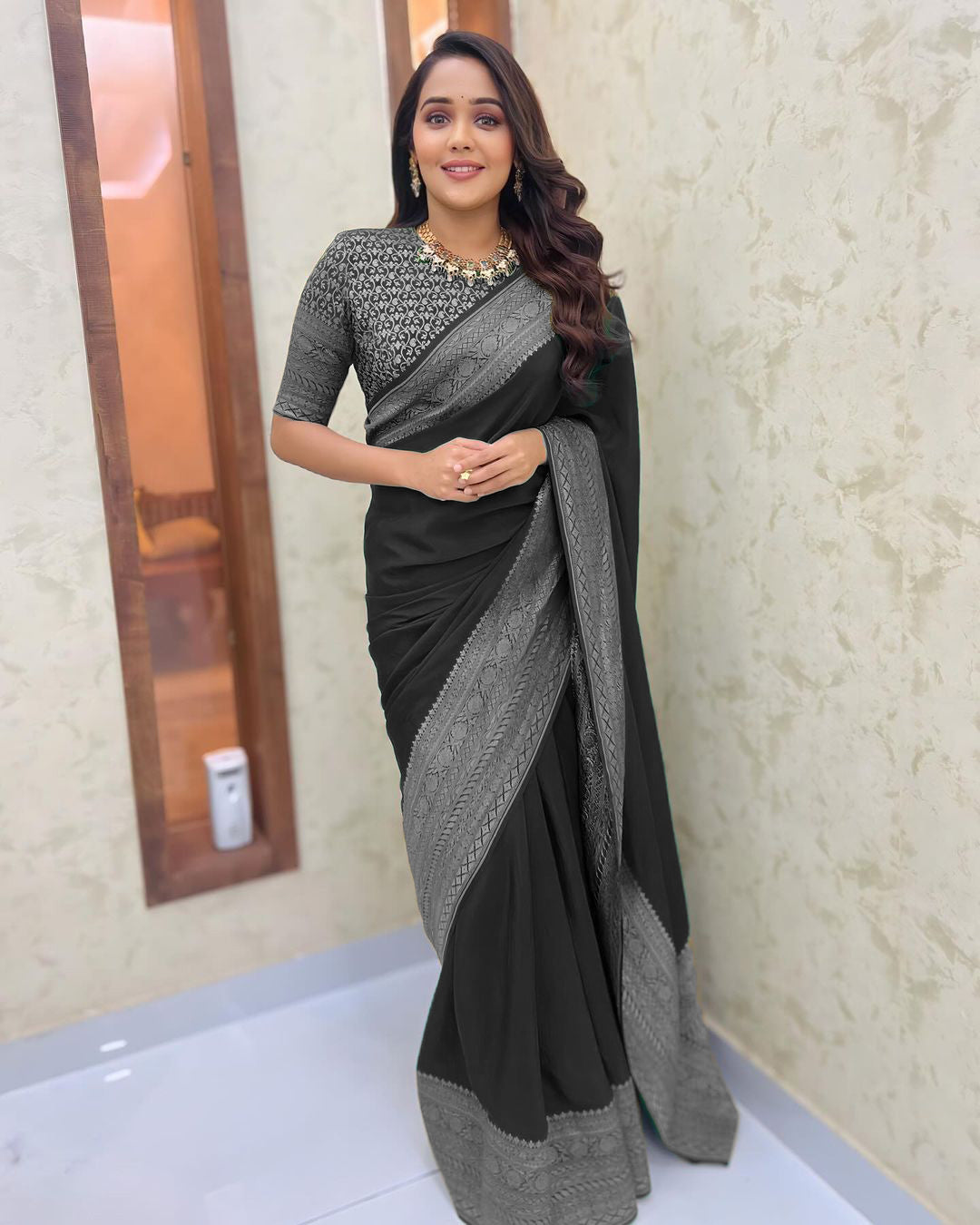 Kanjivaram Silk Black Saree Weaved With Zari Comes With Heavy Blouse