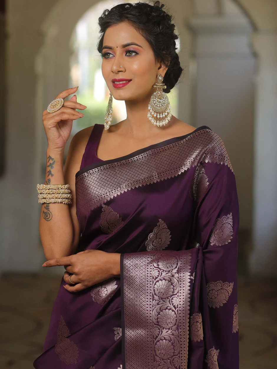 Banarasi Silk Wine Saree With Zari Comes With Heavy Banarasi Blouse