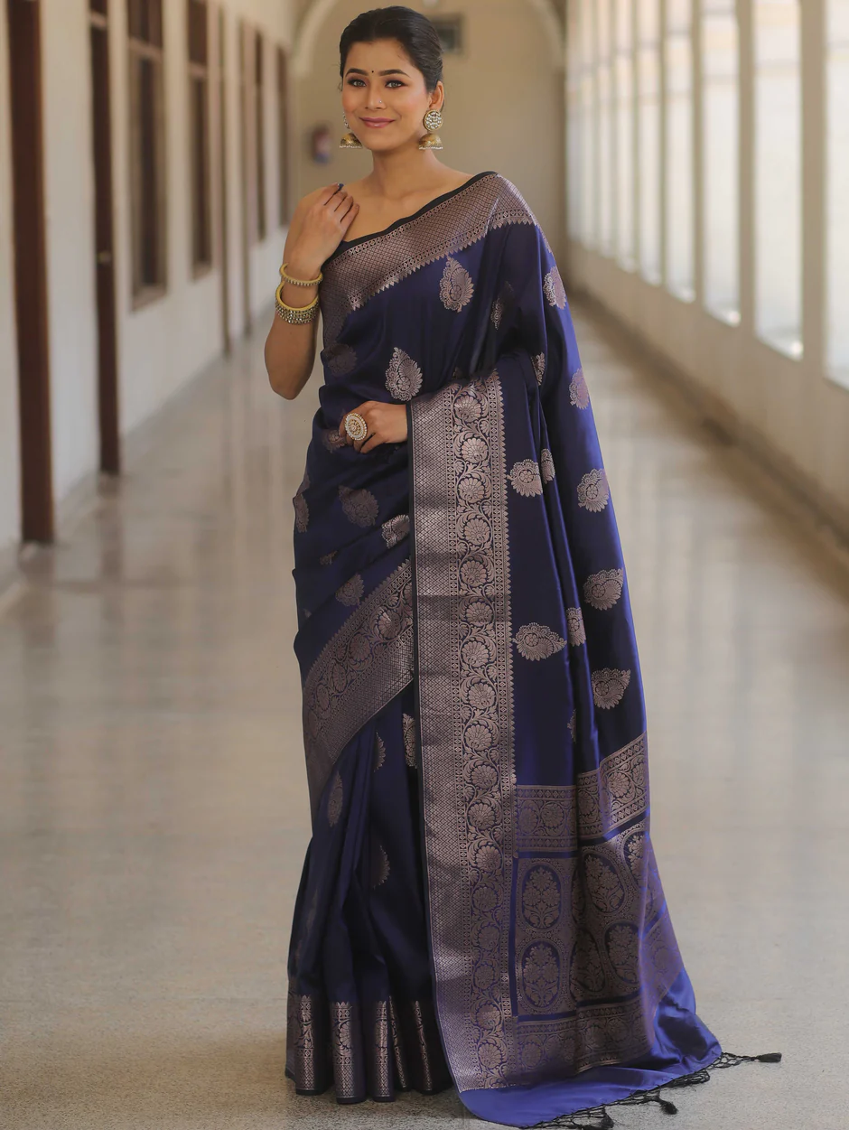 Banarasi Silk NavyBlue Saree With Zari Comes With Heavy Banarasi Blouse