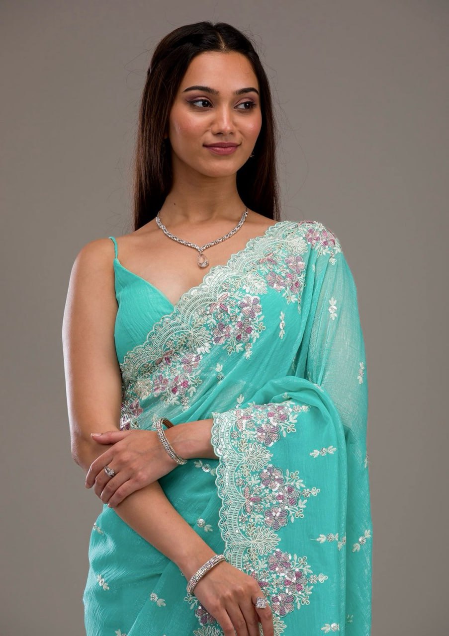 Sea Green Premium Crunchy Saree Embroidered Thread Work