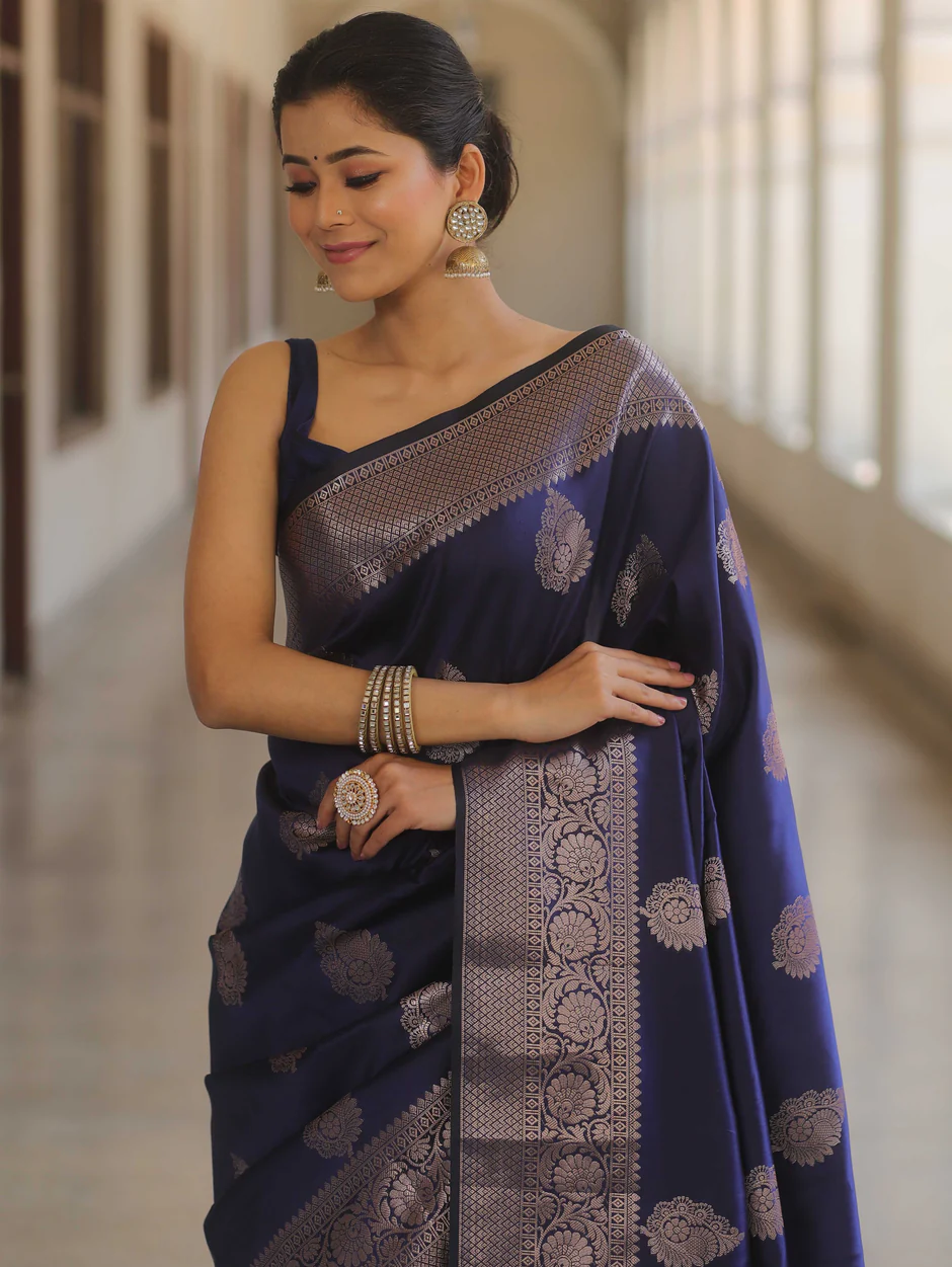 Banarasi Silk NavyBlue Saree With Zari Comes With Heavy Banarasi Blouse