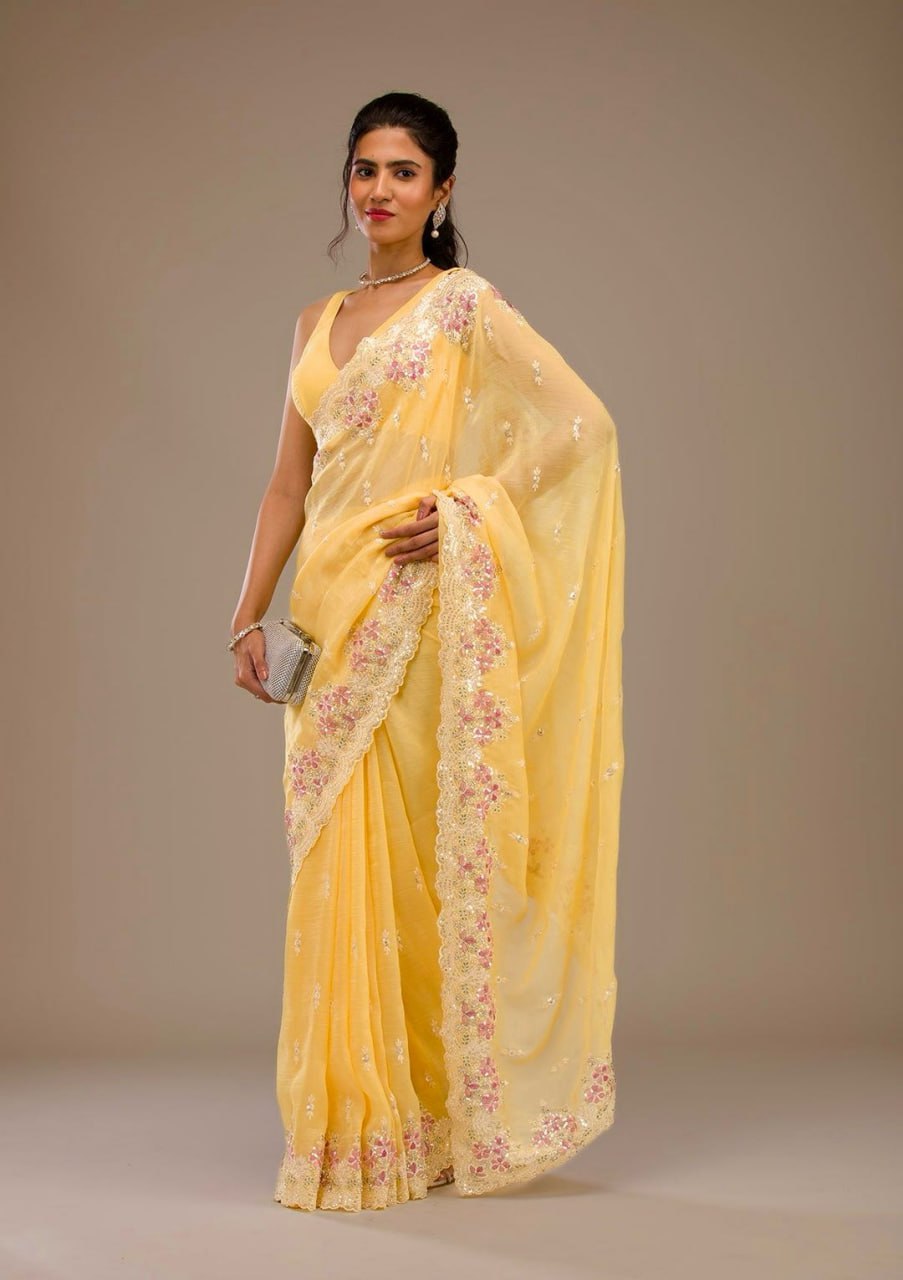 Yellow Premium Crunchy Saree Embroidered Thread Work