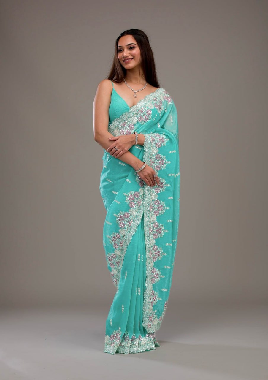 Sea Green Premium Crunchy Saree Embroidered Thread Work