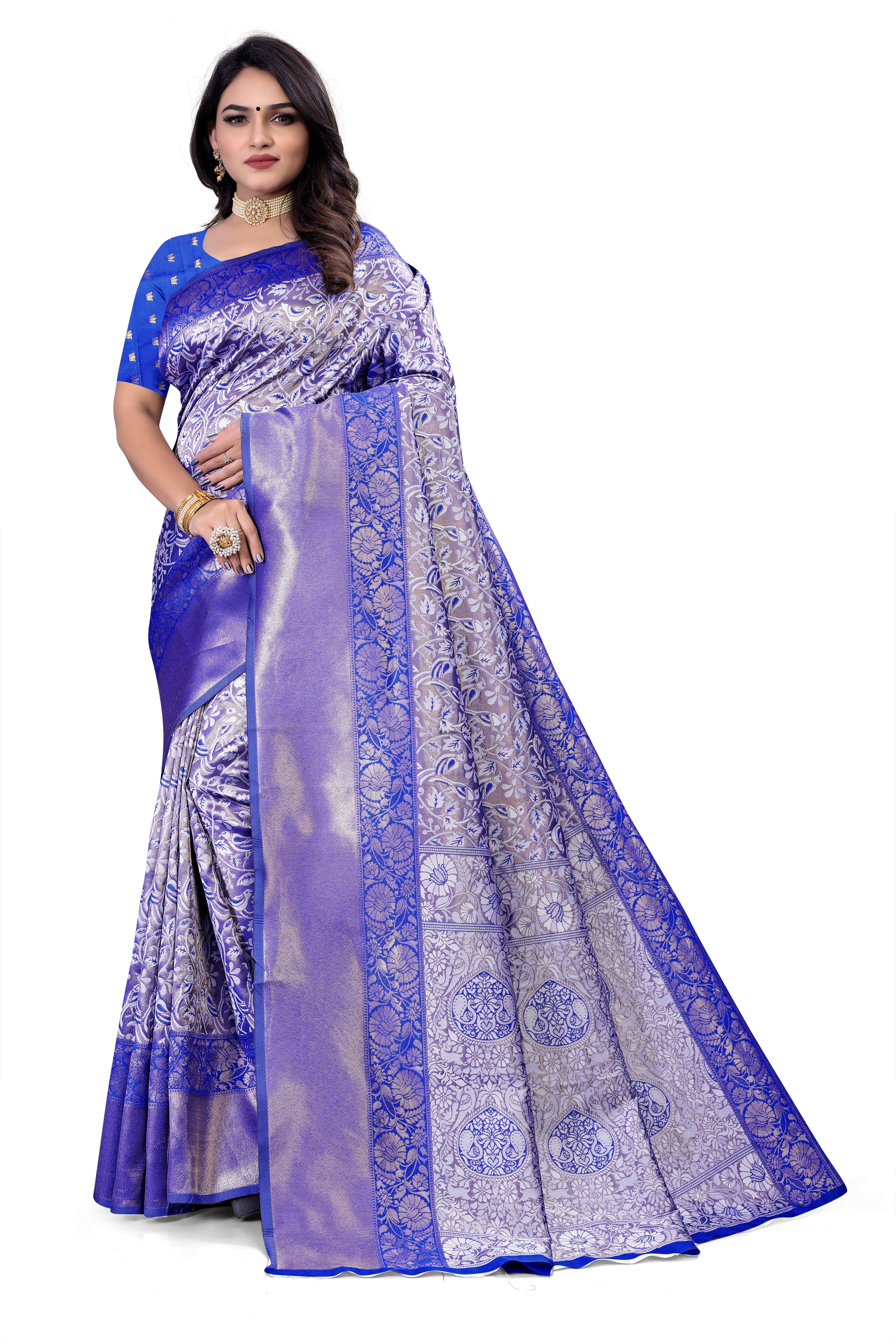 Sareely Blue Banarasi Soft Silk Saree With Blouse