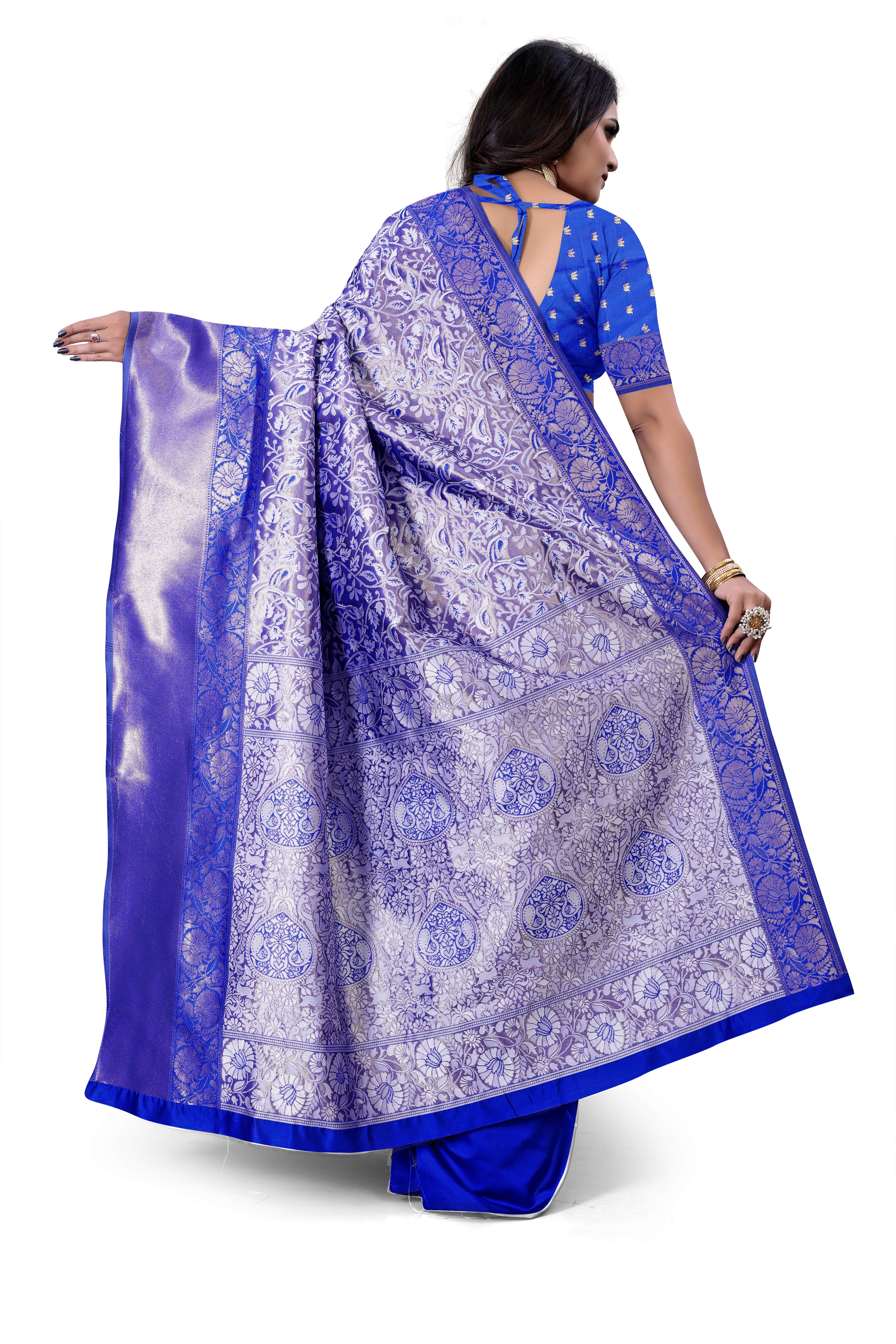 Sareely Blue Banarasi Soft Silk Saree With Blouse