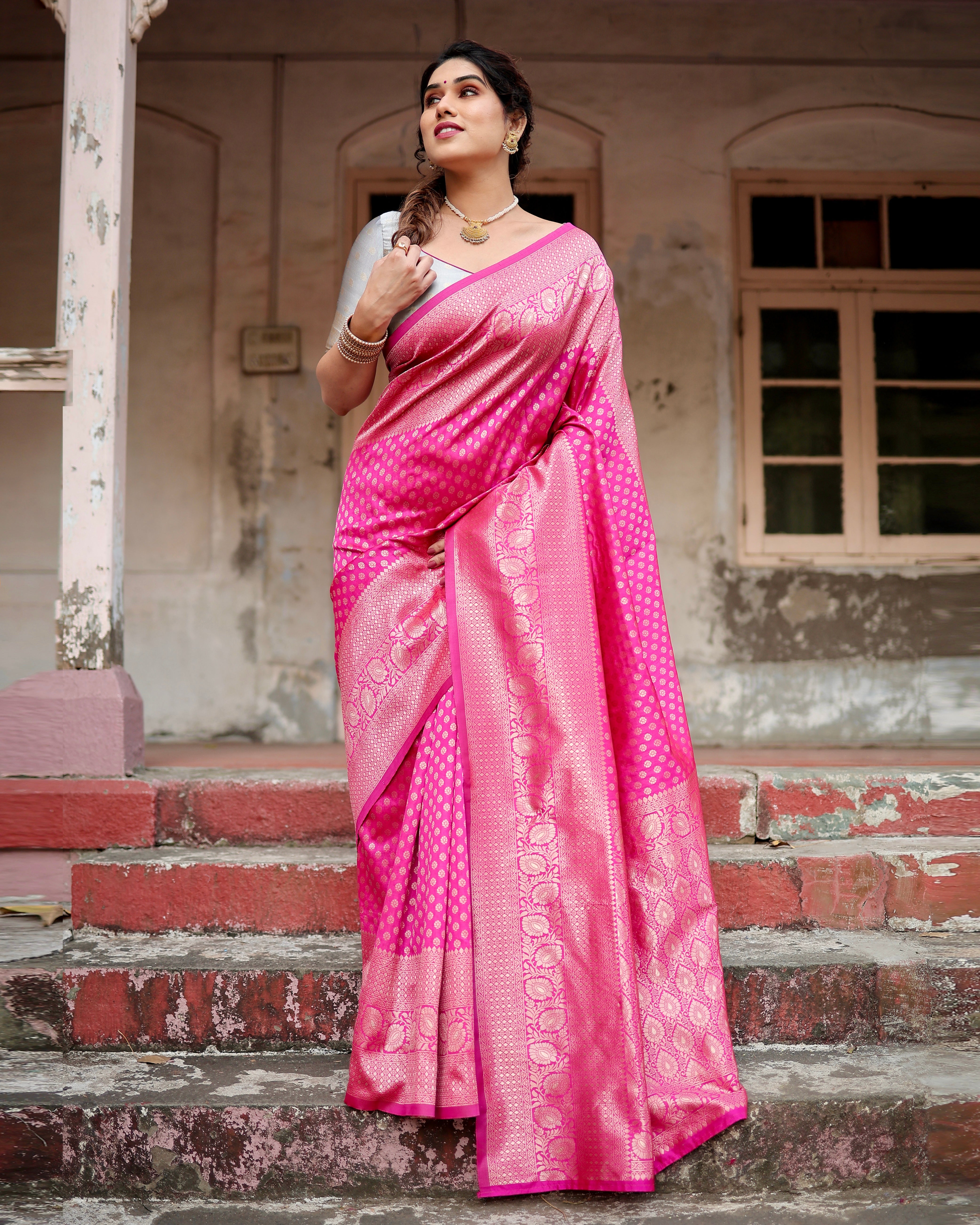 Banarasi Silk Pink Saree Weaved With Zari With Banarasi Brocade Blouse