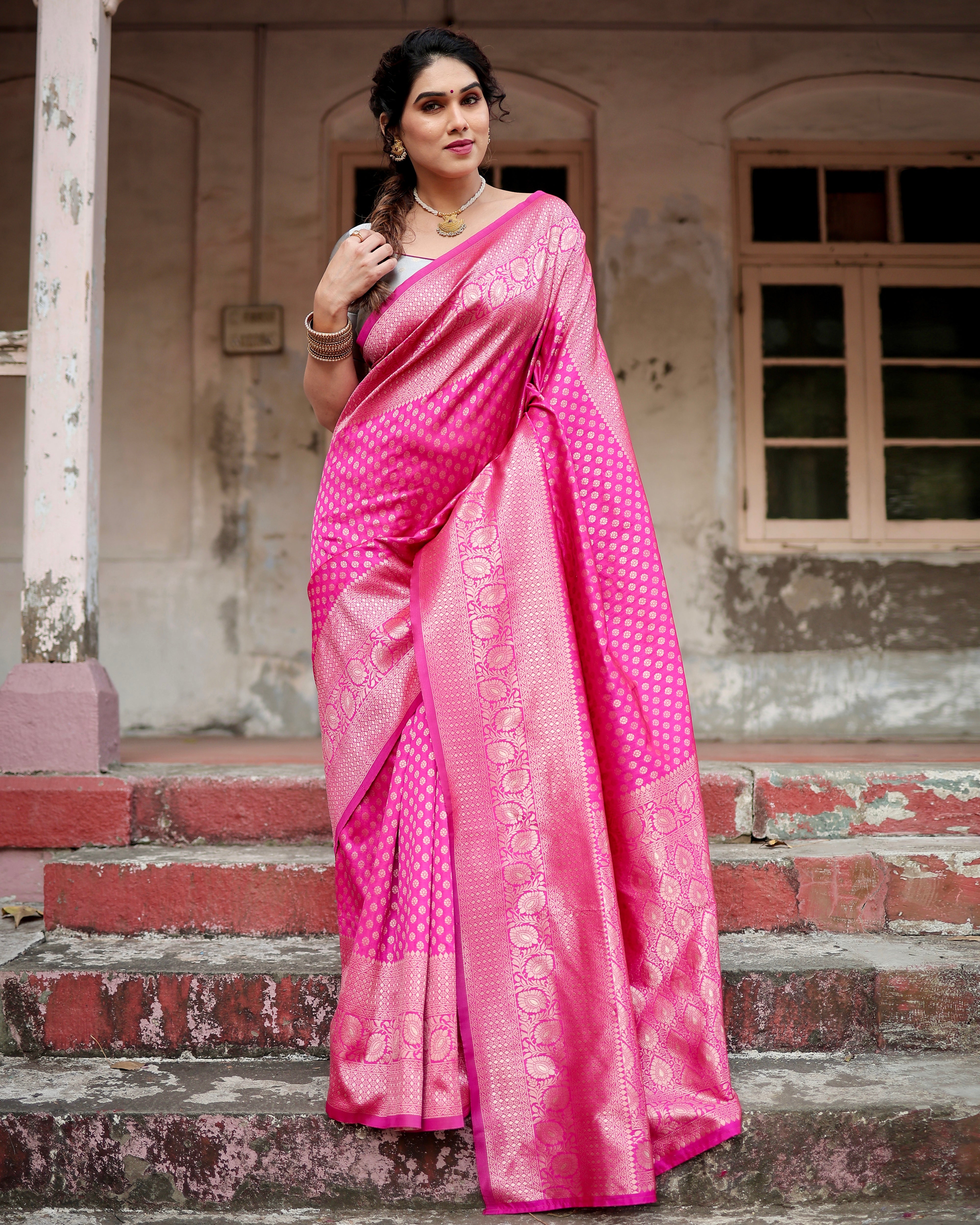 Banarasi Silk Pink Saree Weaved With Zari With Banarasi Brocade Blouse