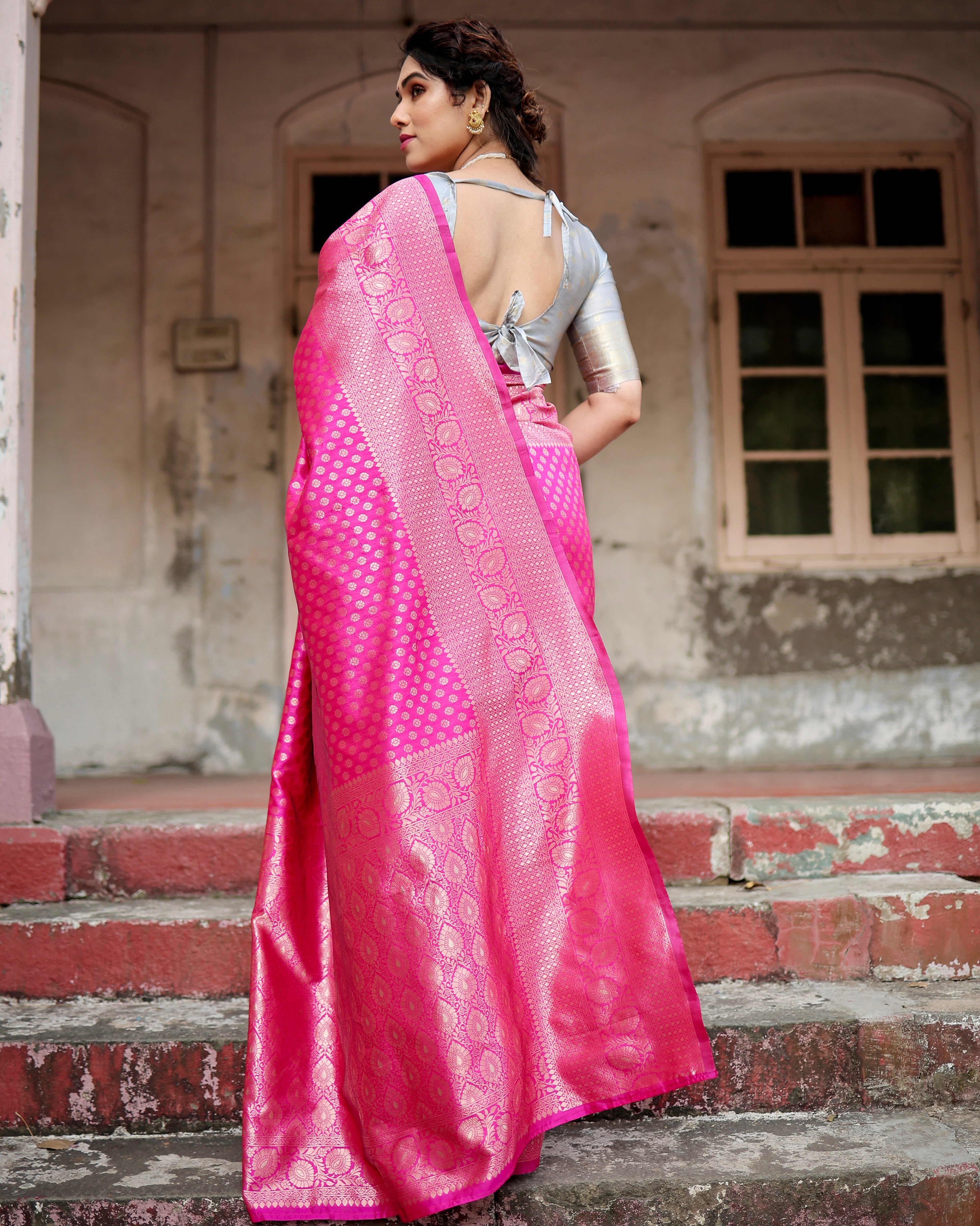 Banarasi Silk Pink Saree Weaved With Zari With Banarasi Brocade Blouse