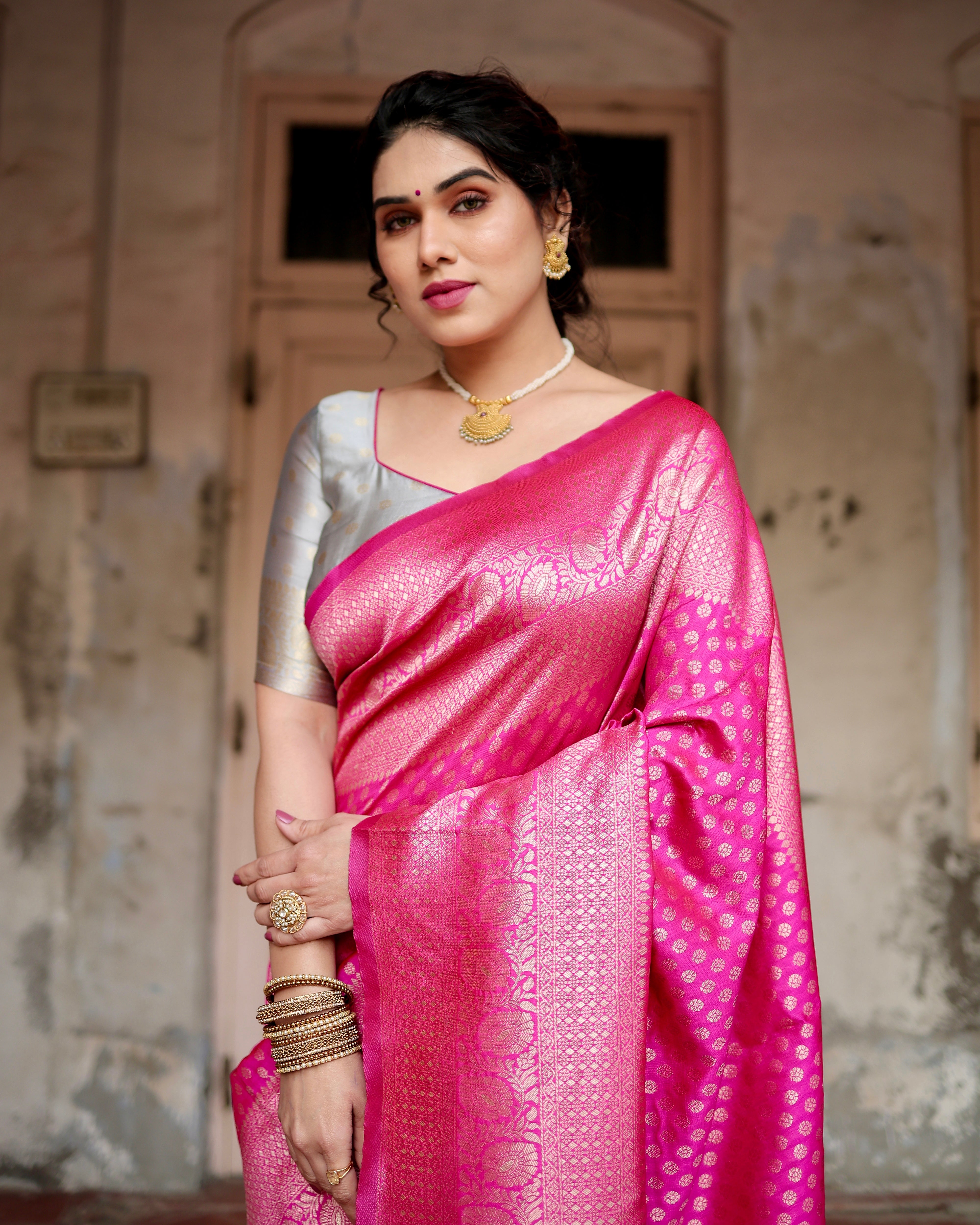 Banarasi Silk Pink Saree Weaved With Zari With Banarasi Brocade Blouse