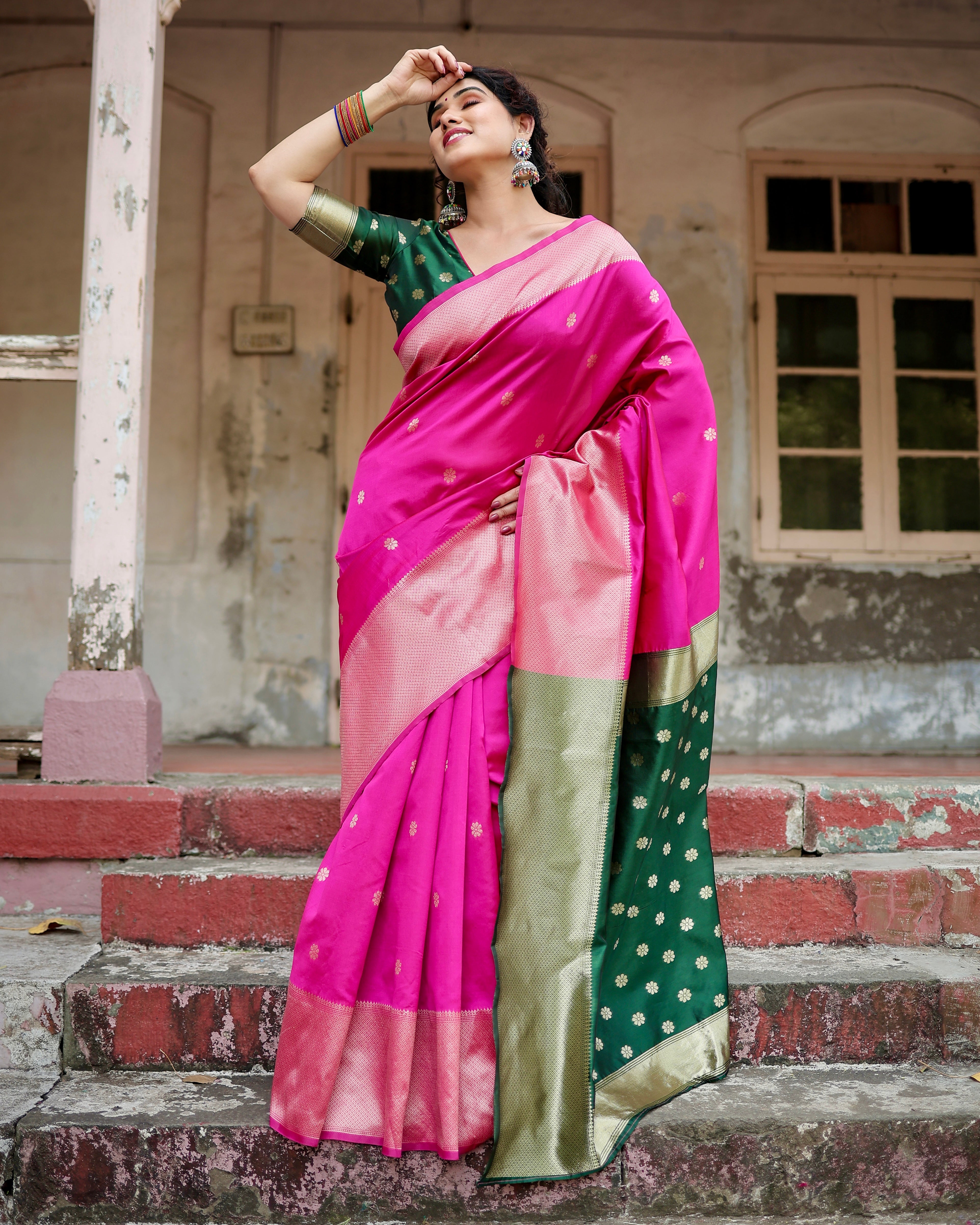 Women's Pink Jacquard Silk Ethenic Wear Beautiful Saree With Unstiched Blouse