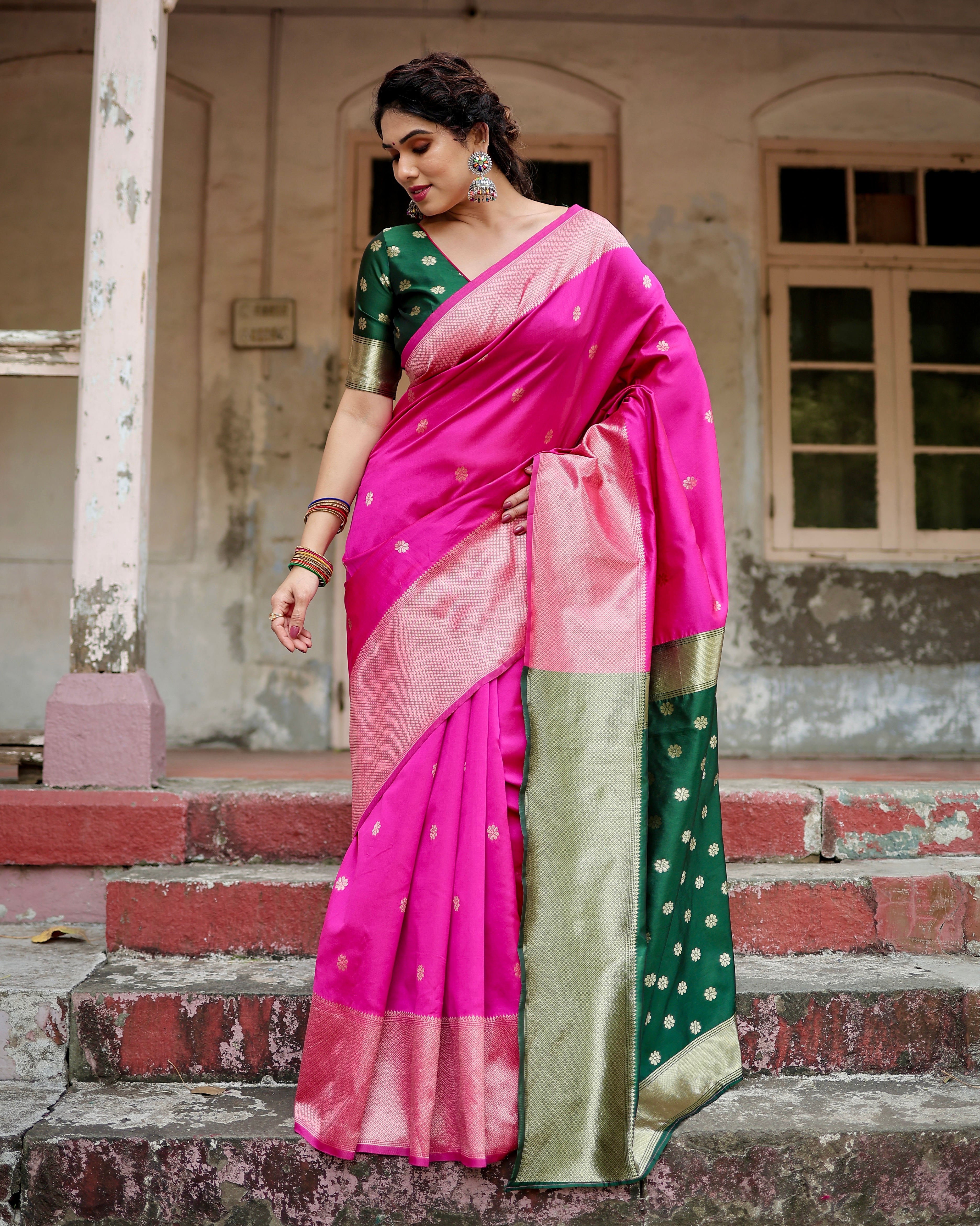 Women's Pink Jacquard Silk Ethenic Wear Beautiful Saree With Unstiched Blouse