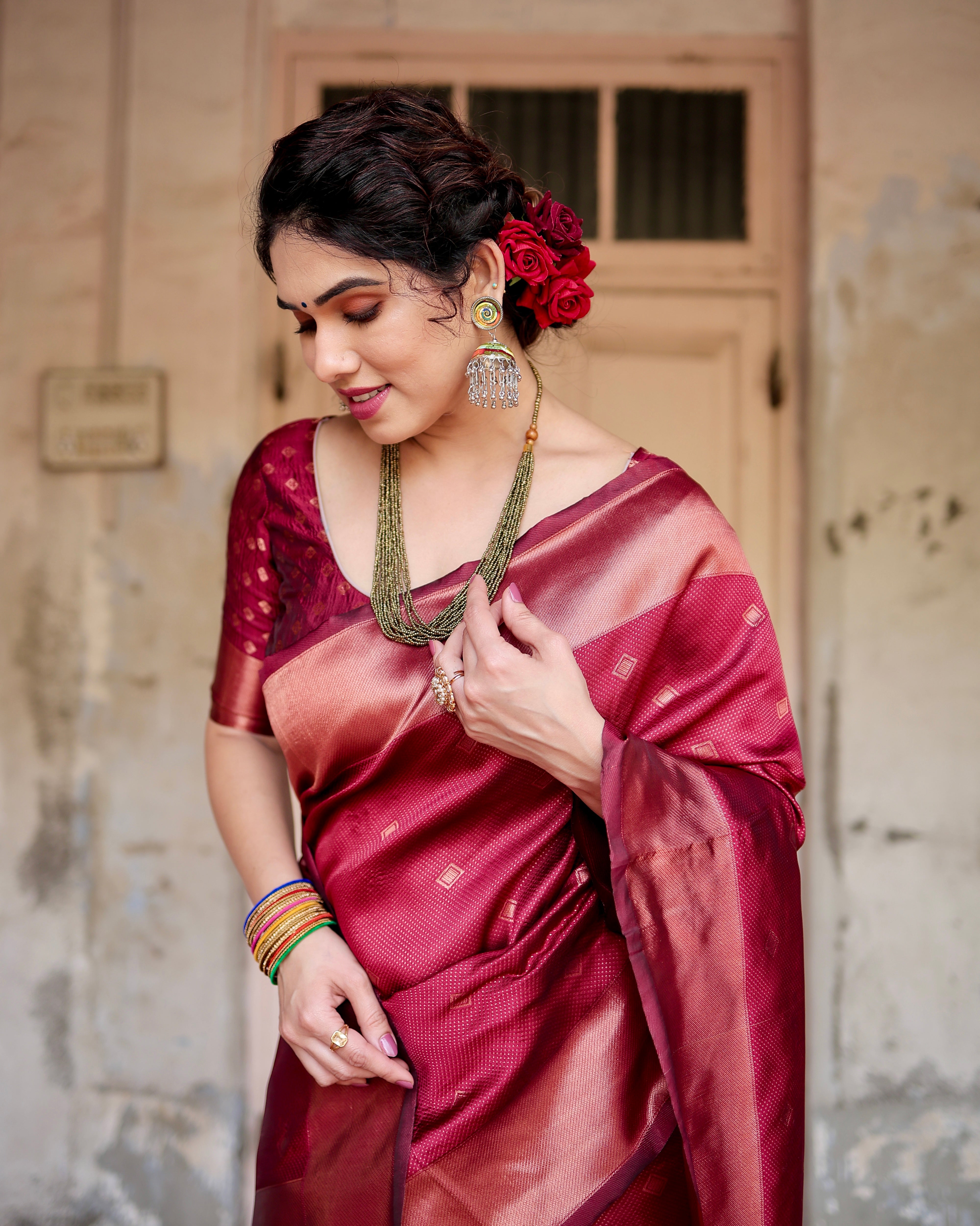 Women's Maroon Jacquard Banarasi Silk Beautiful Saree With Unstiched Blouse