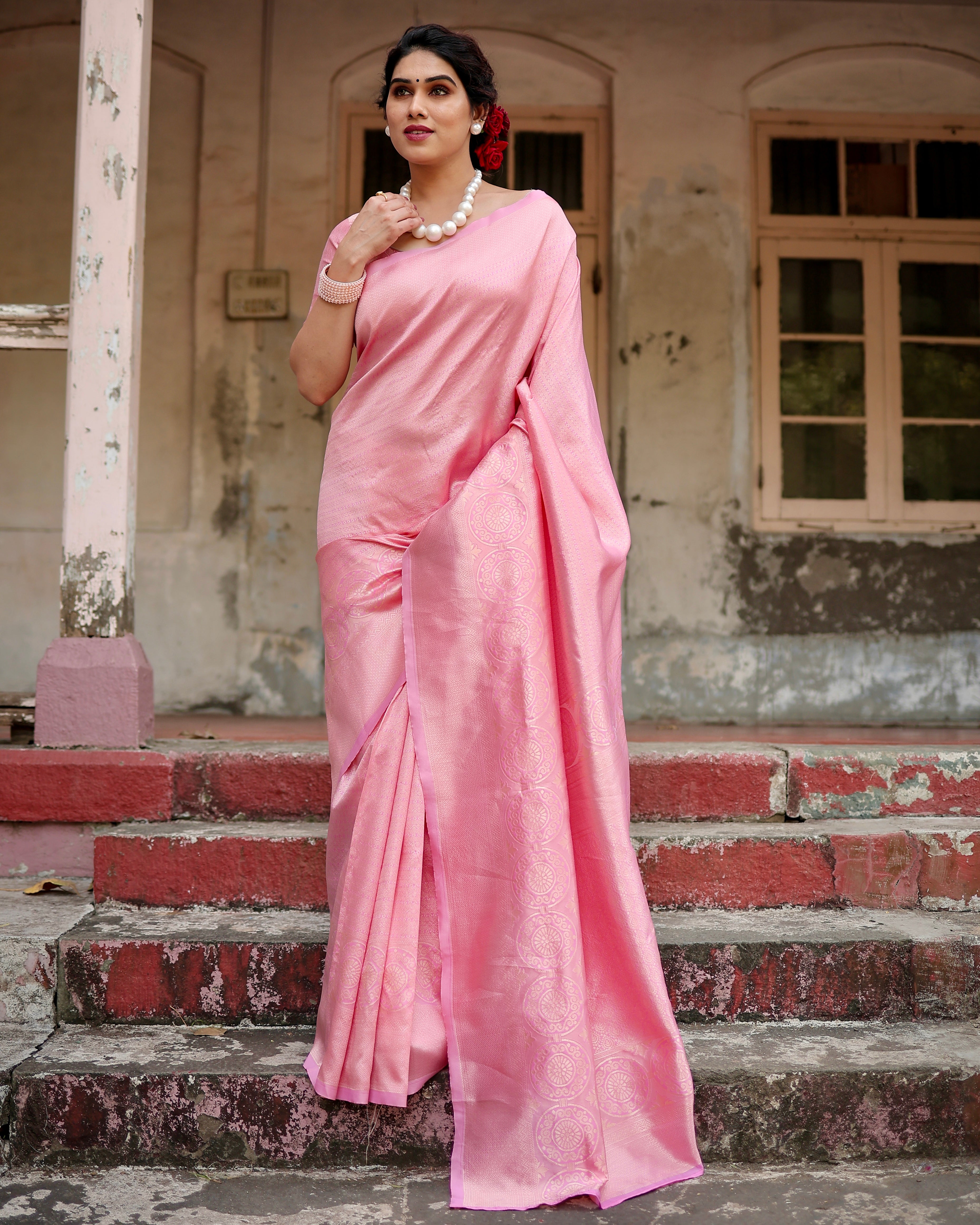 Sareely Pink Women Floral Woven Banarasi Silk Saree