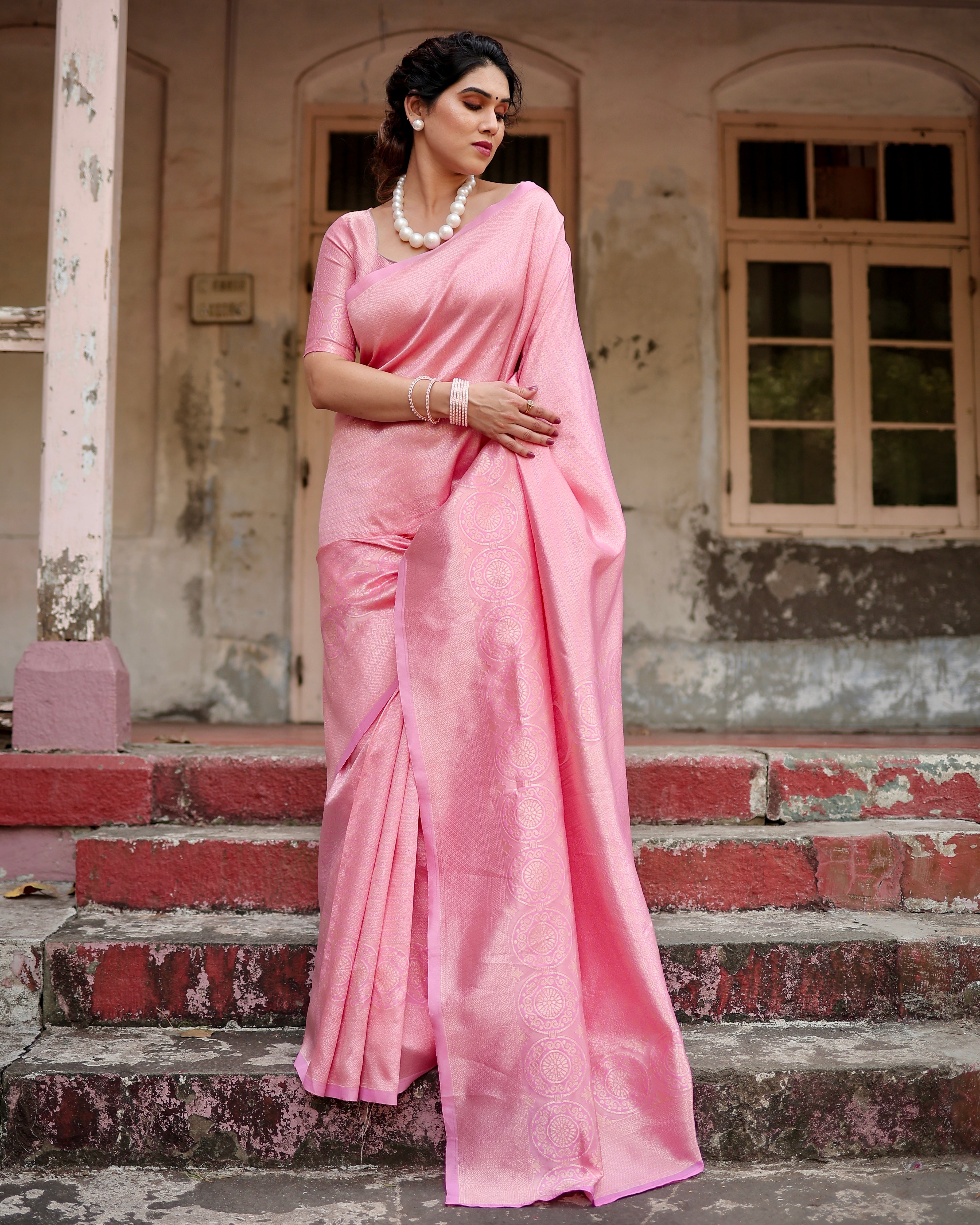 Sareely Pink Women Floral Woven Banarasi Silk Saree