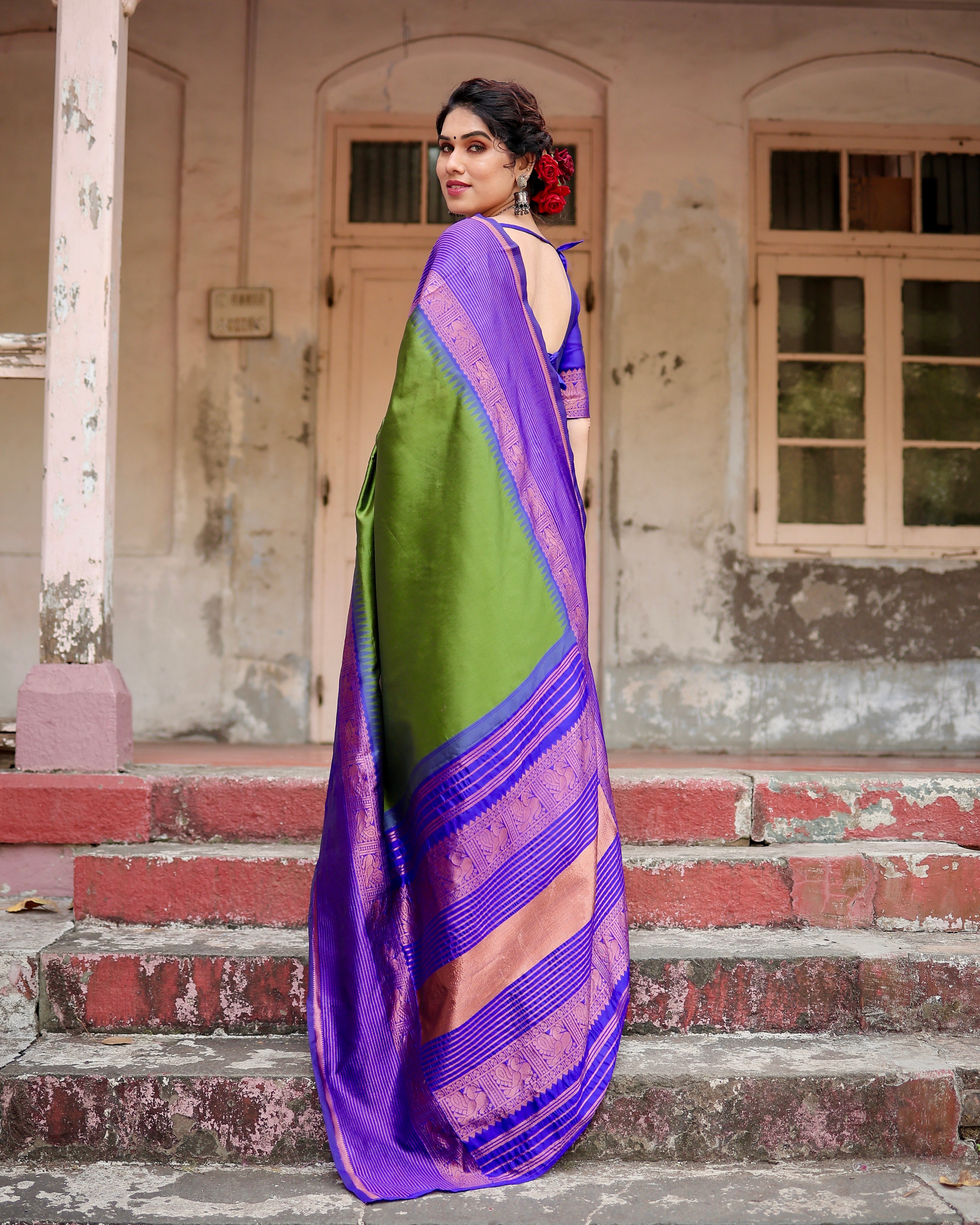 Parrot Green & Royal Blue Pure Soft  Kanjivaram Silk Saree With Attractive Blouse Piece