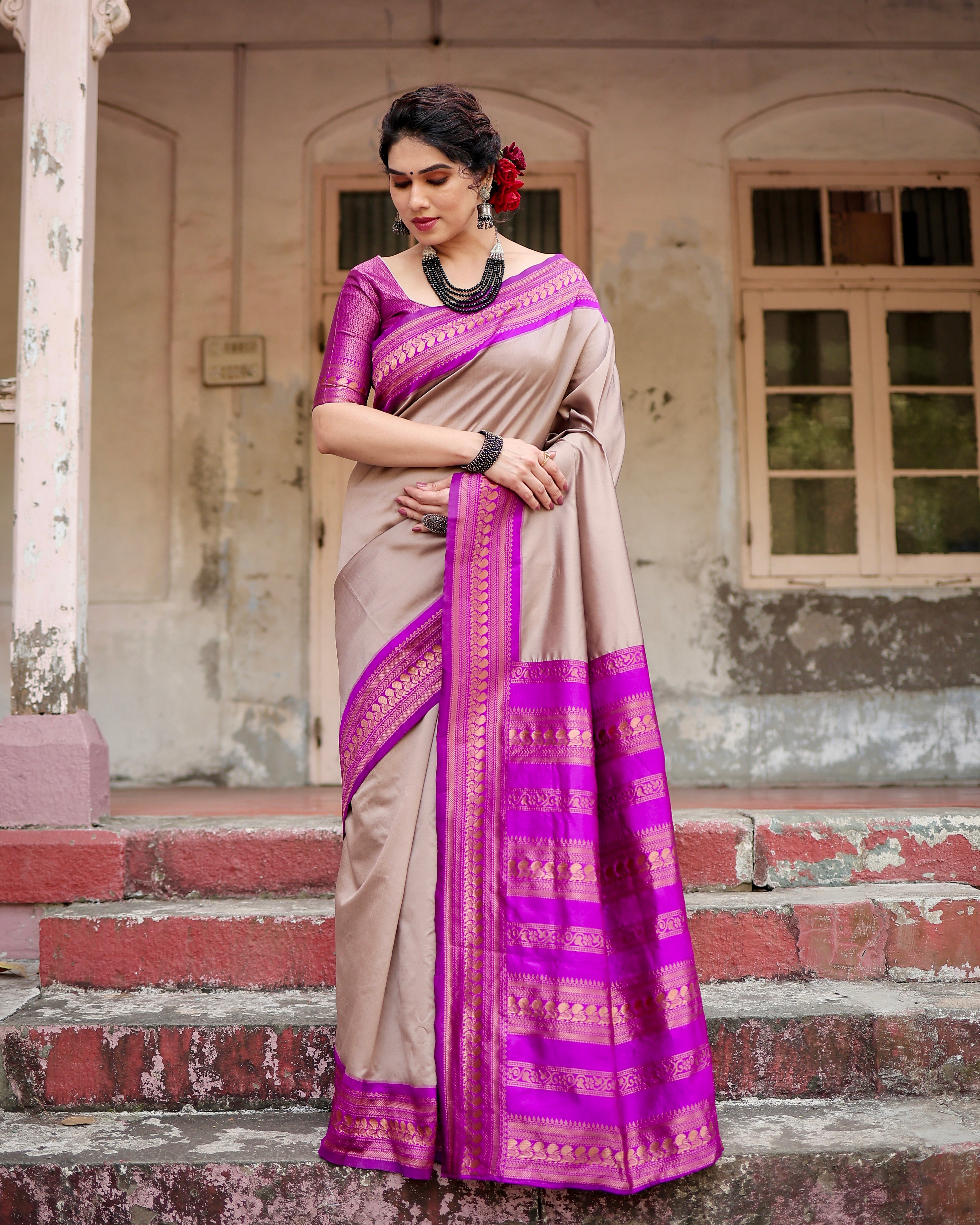 Pure Cream&Purple Banarasi Silk Saree With Zari Comes With Heavy Banarasi Brocade Blouse