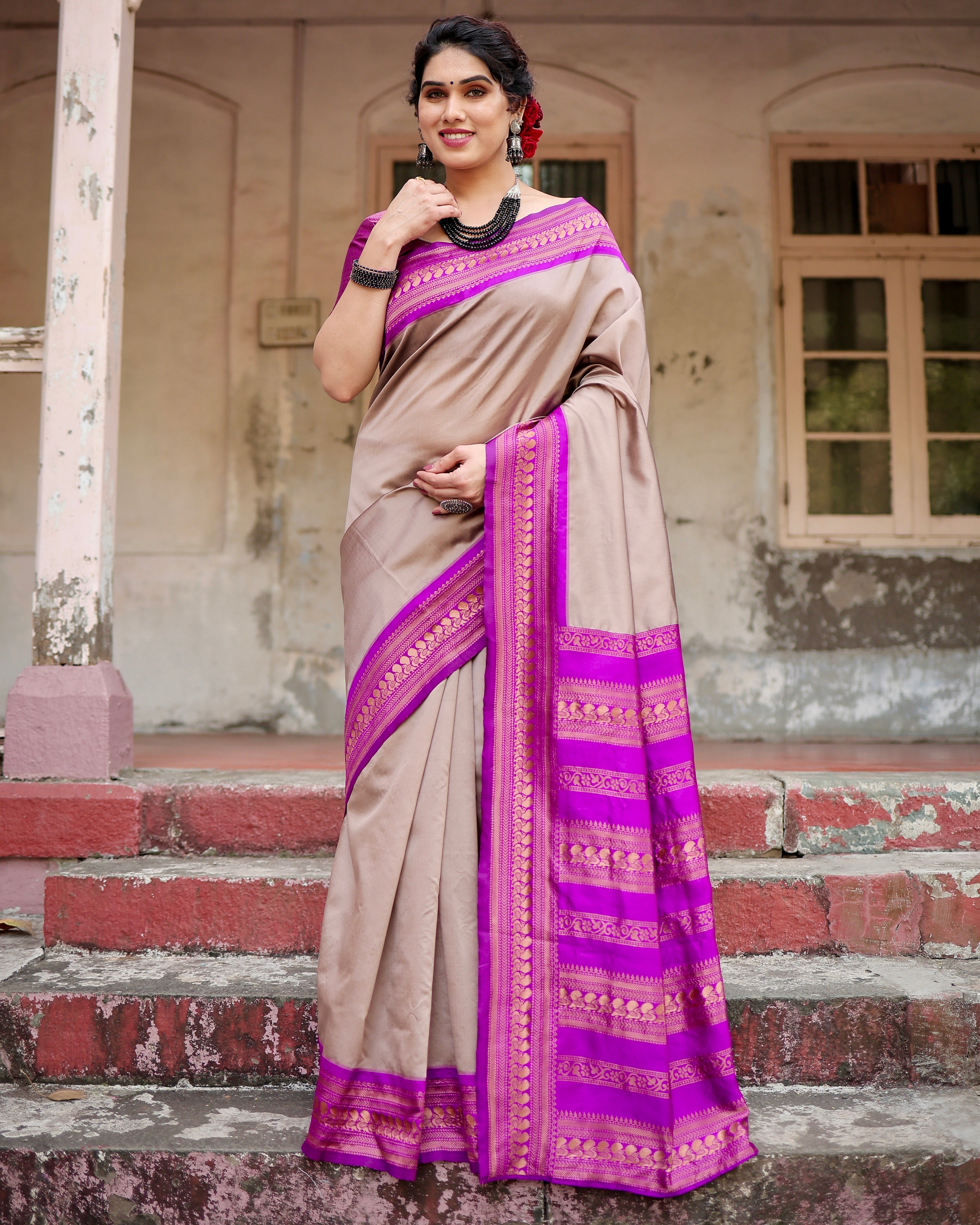 Pure Cream&Purple Banarasi Silk Saree With Zari Comes With Heavy Banarasi Brocade Blouse