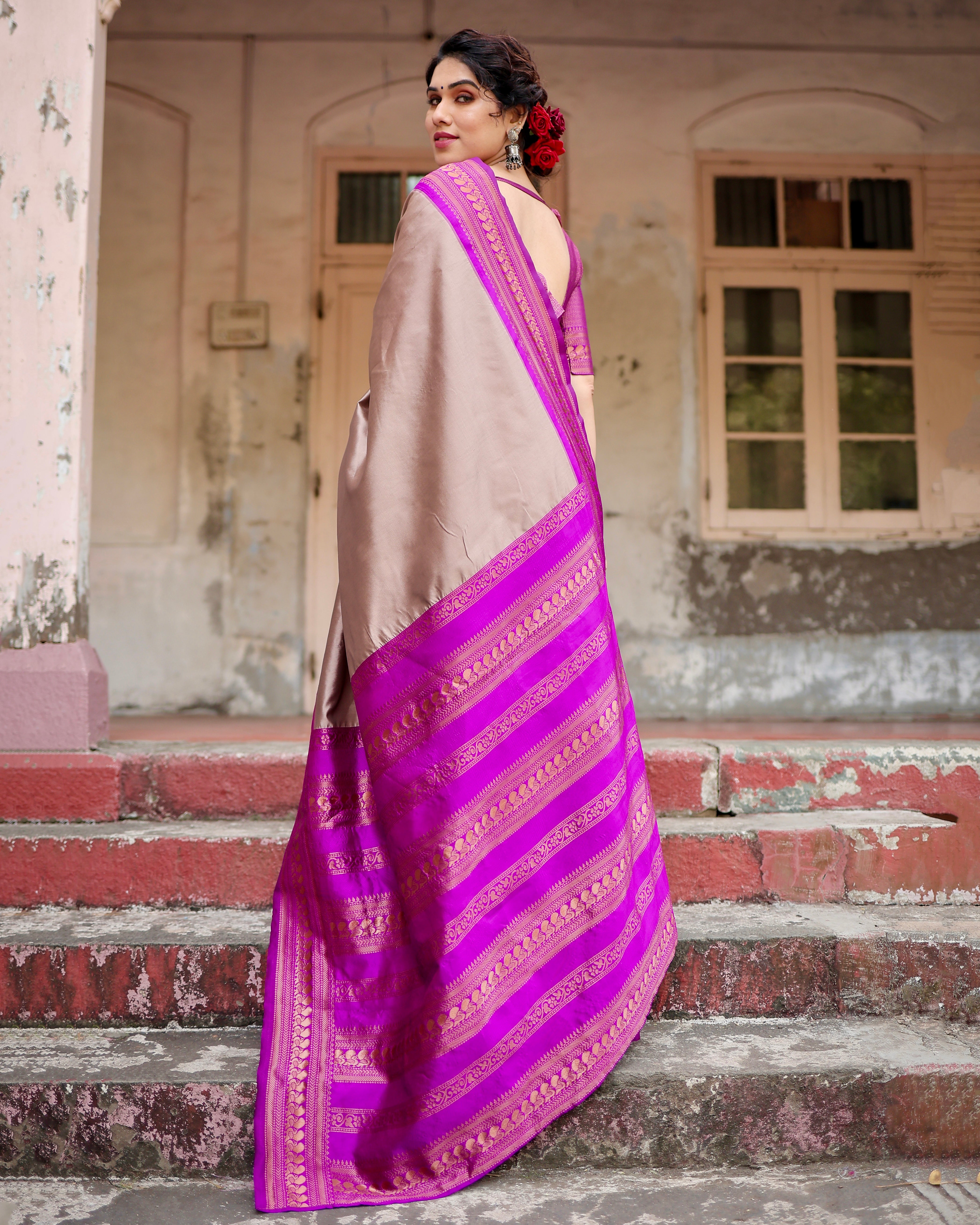 Pure Cream&Purple Banarasi Silk Saree With Zari Comes With Heavy Banarasi Brocade Blouse