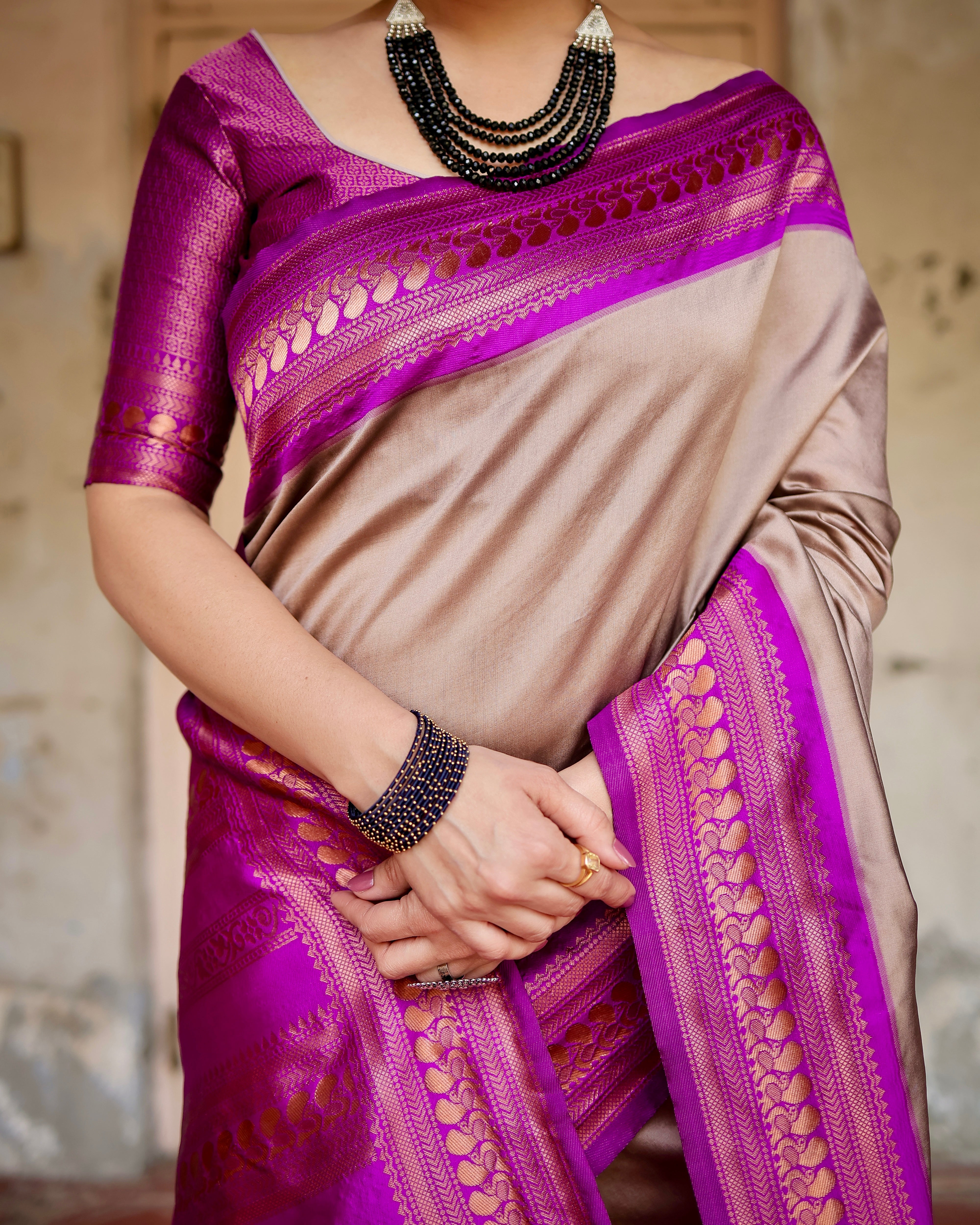 Pure Cream&Purple Banarasi Silk Saree With Zari Comes With Heavy Banarasi Brocade Blouse