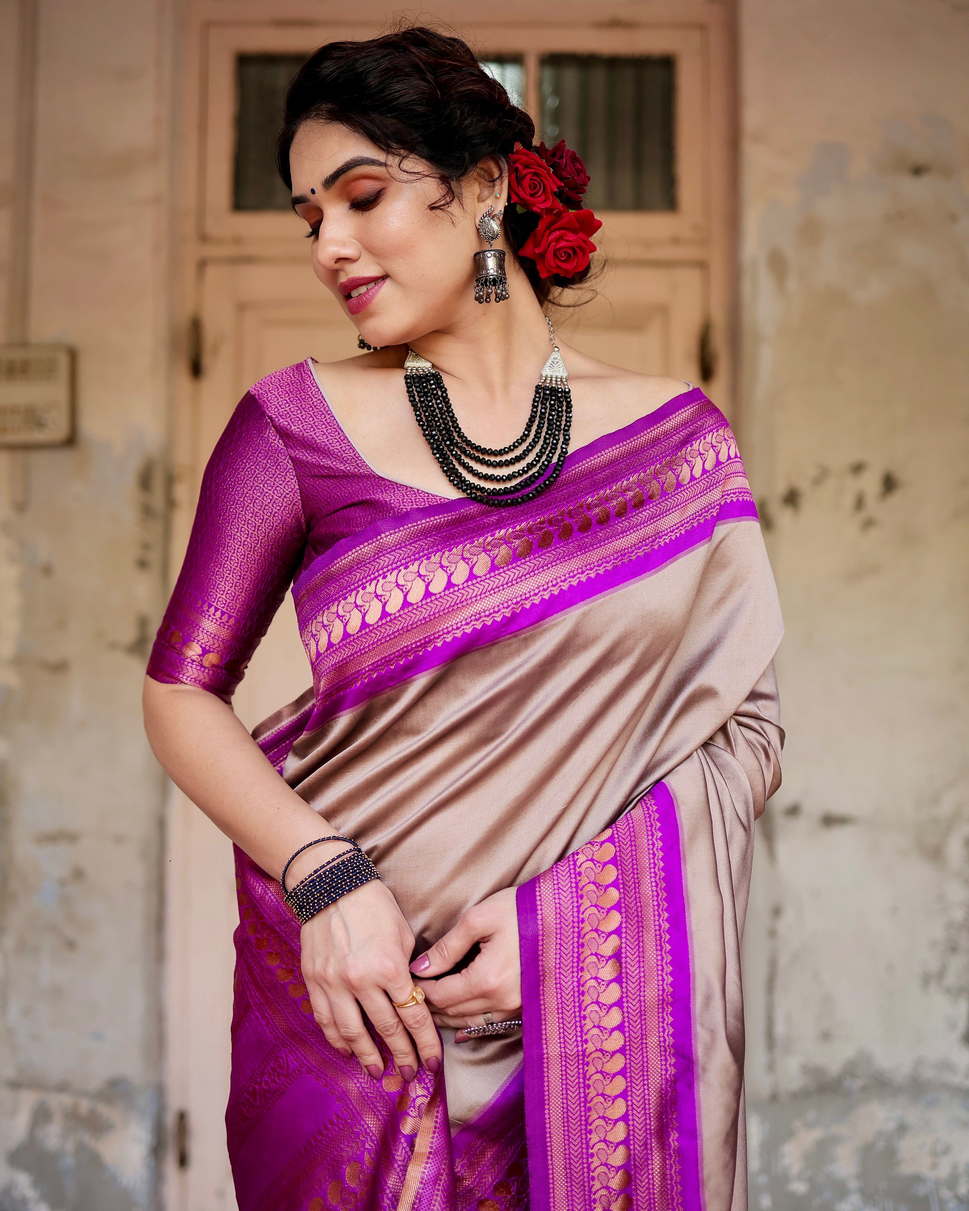 Pure Cream&Purple Banarasi Silk Saree With Zari Comes With Heavy Banarasi Brocade Blouse