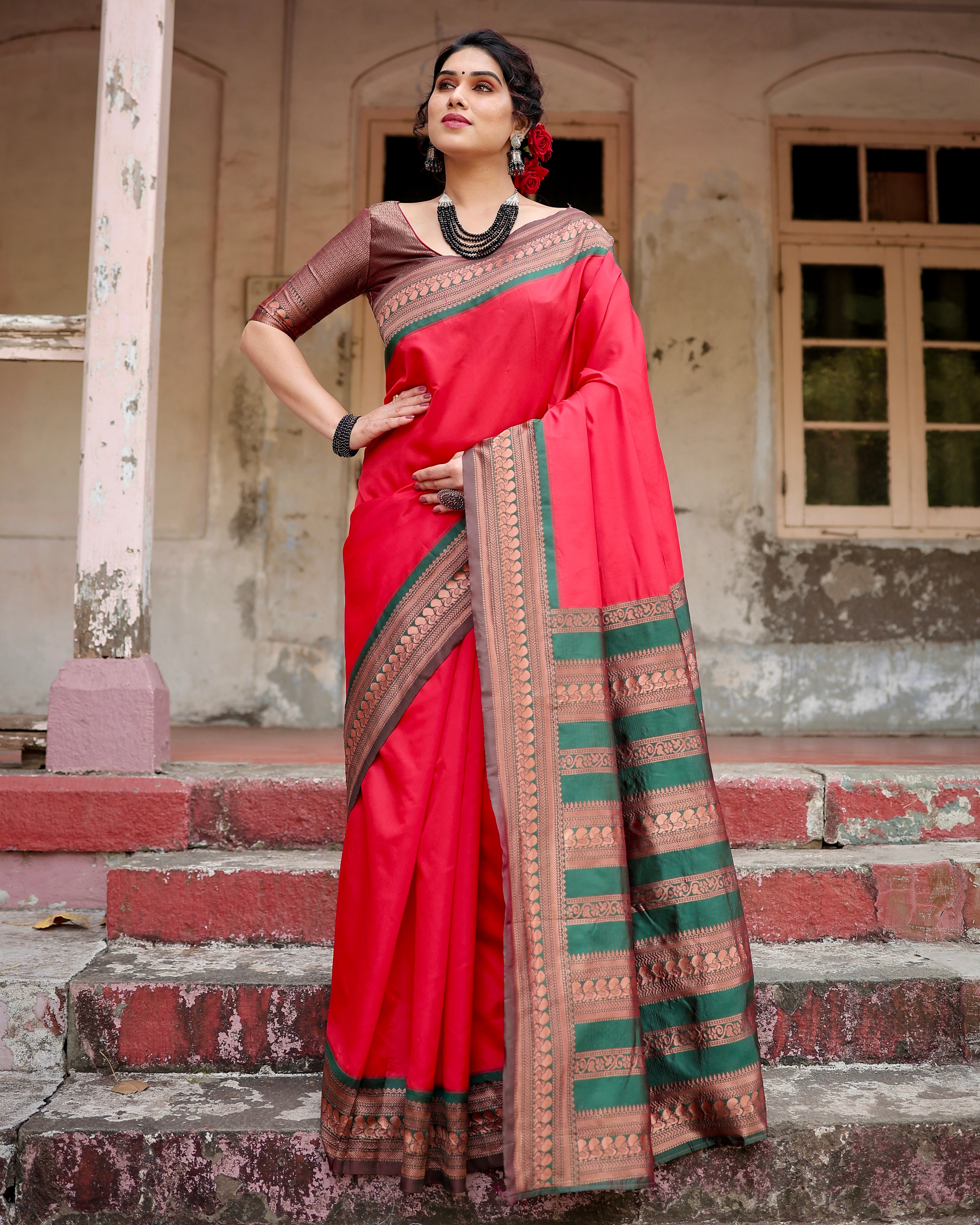 Pure Red Banarasi Silk Saree With Zari Comes With Heavy Banarasi Brocade Blouse