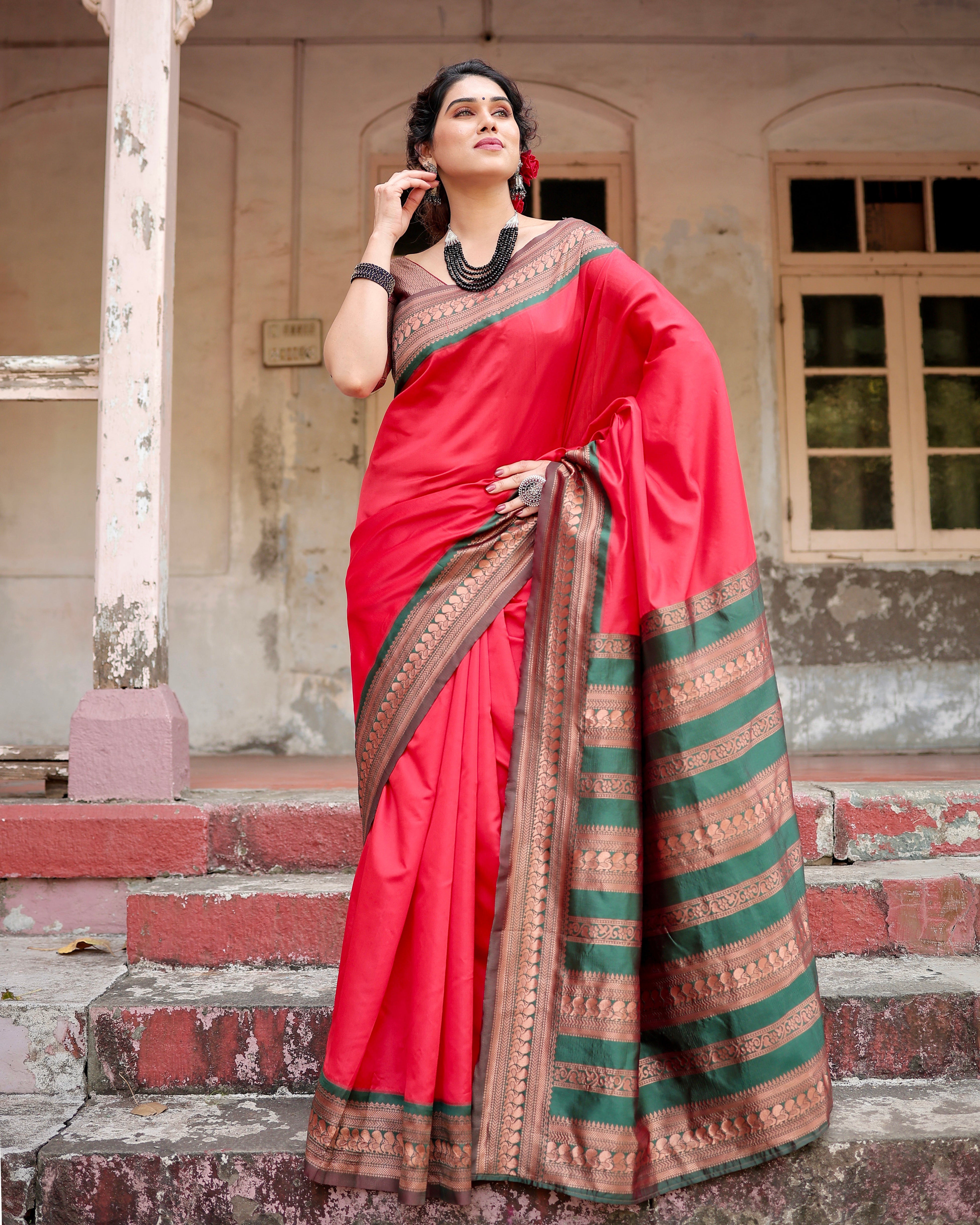 Pure Red Banarasi Silk Saree With Zari Comes With Heavy Banarasi Brocade Blouse