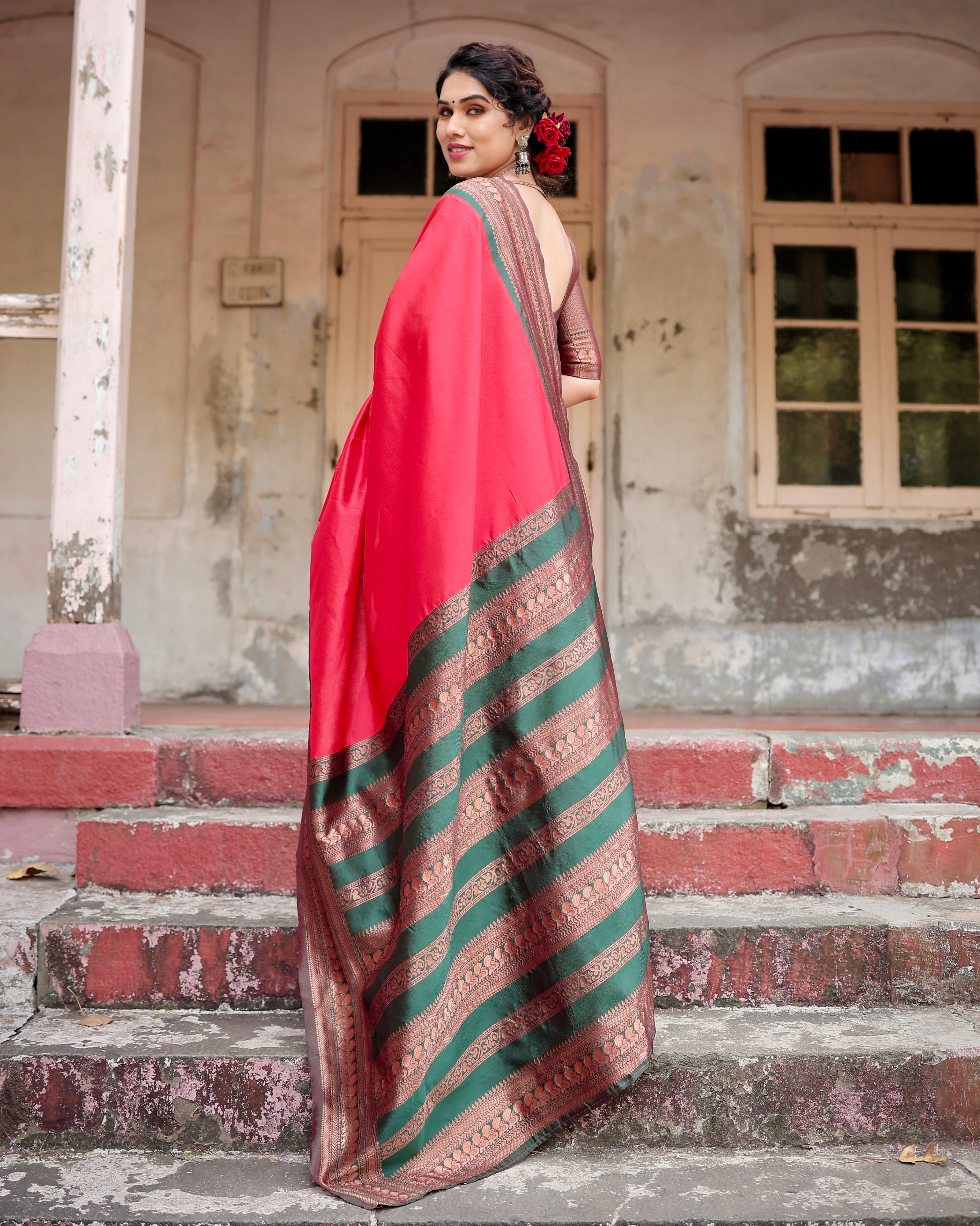 Pure Red Banarasi Silk Saree With Zari Comes With Heavy Banarasi Brocade Blouse