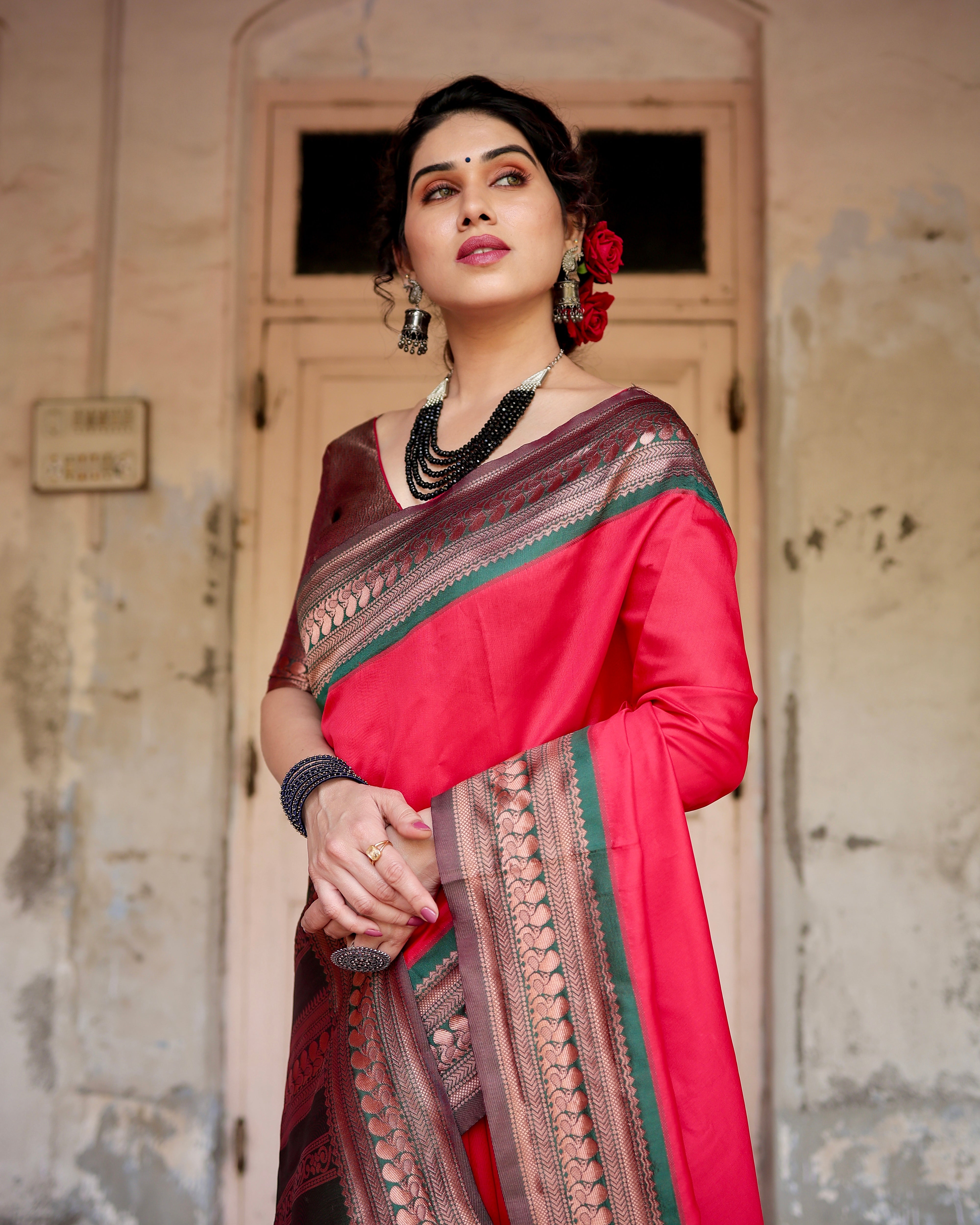 Pure Red Banarasi Silk Saree With Zari Comes With Heavy Banarasi Brocade Blouse