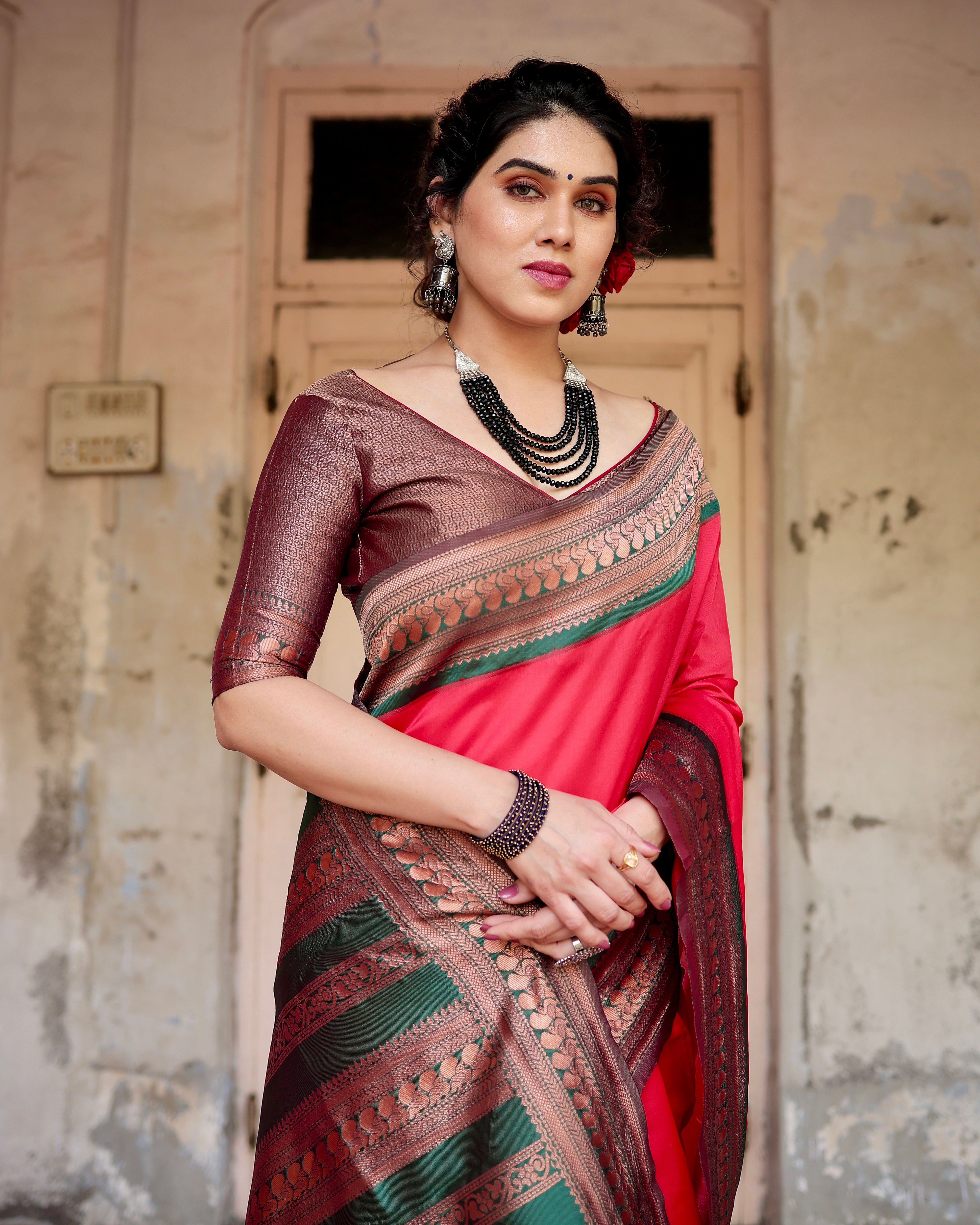 Pure Red Banarasi Silk Saree With Zari Comes With Heavy Banarasi Brocade Blouse