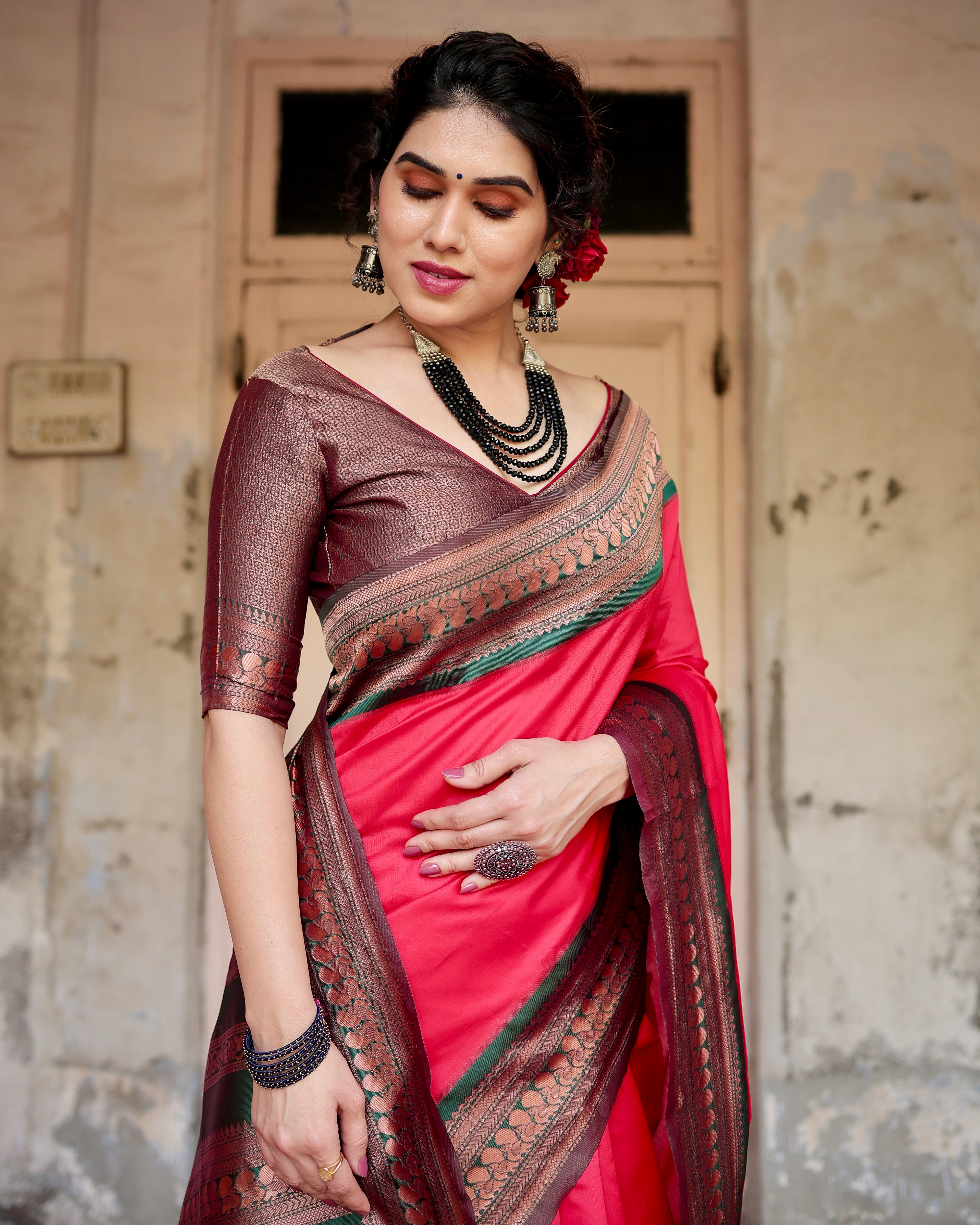 Pure Red Banarasi Silk Saree With Zari Comes With Heavy Banarasi Brocade Blouse