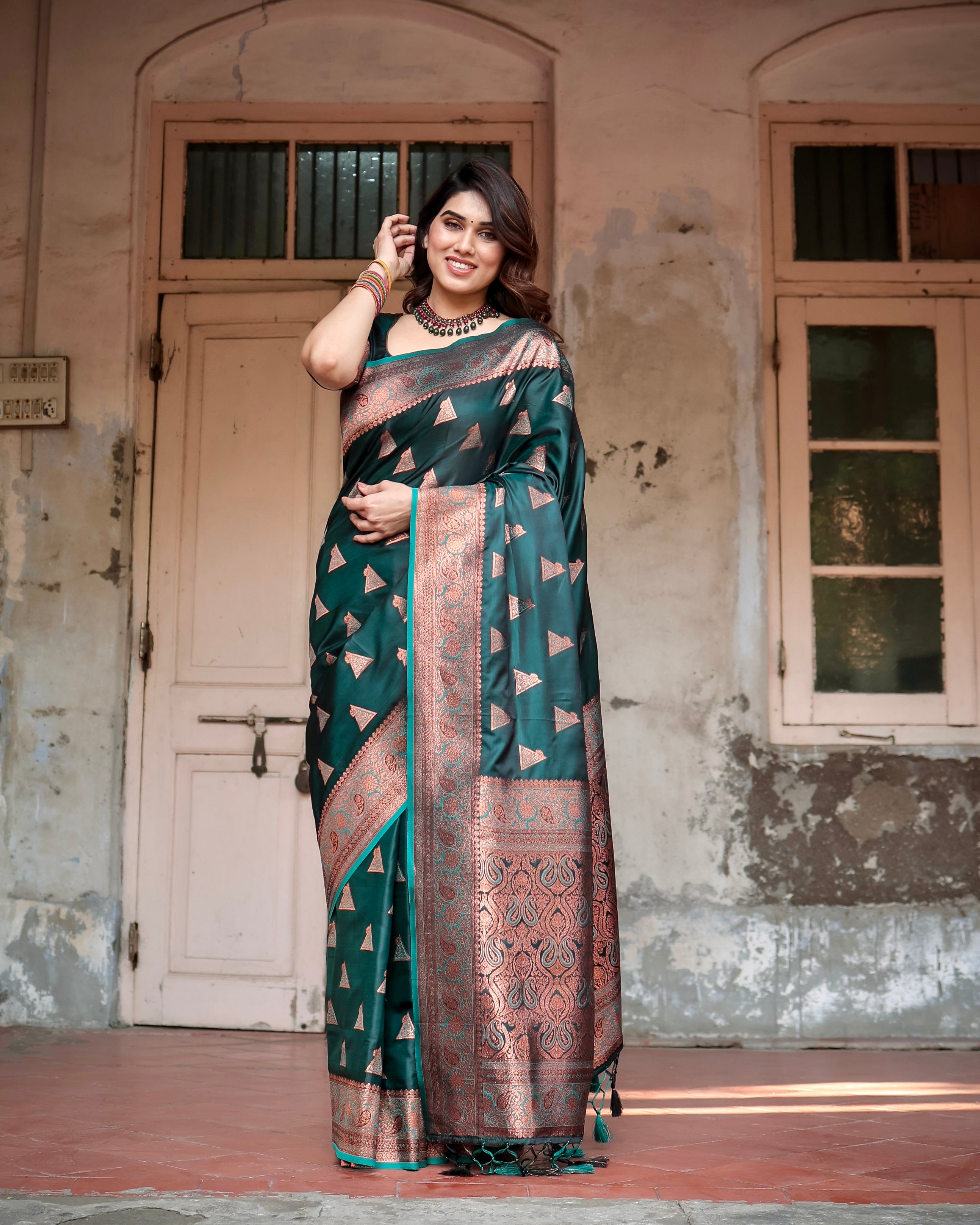 Green Pure Gaji Silk Saree Weaved With Zari With Tassels