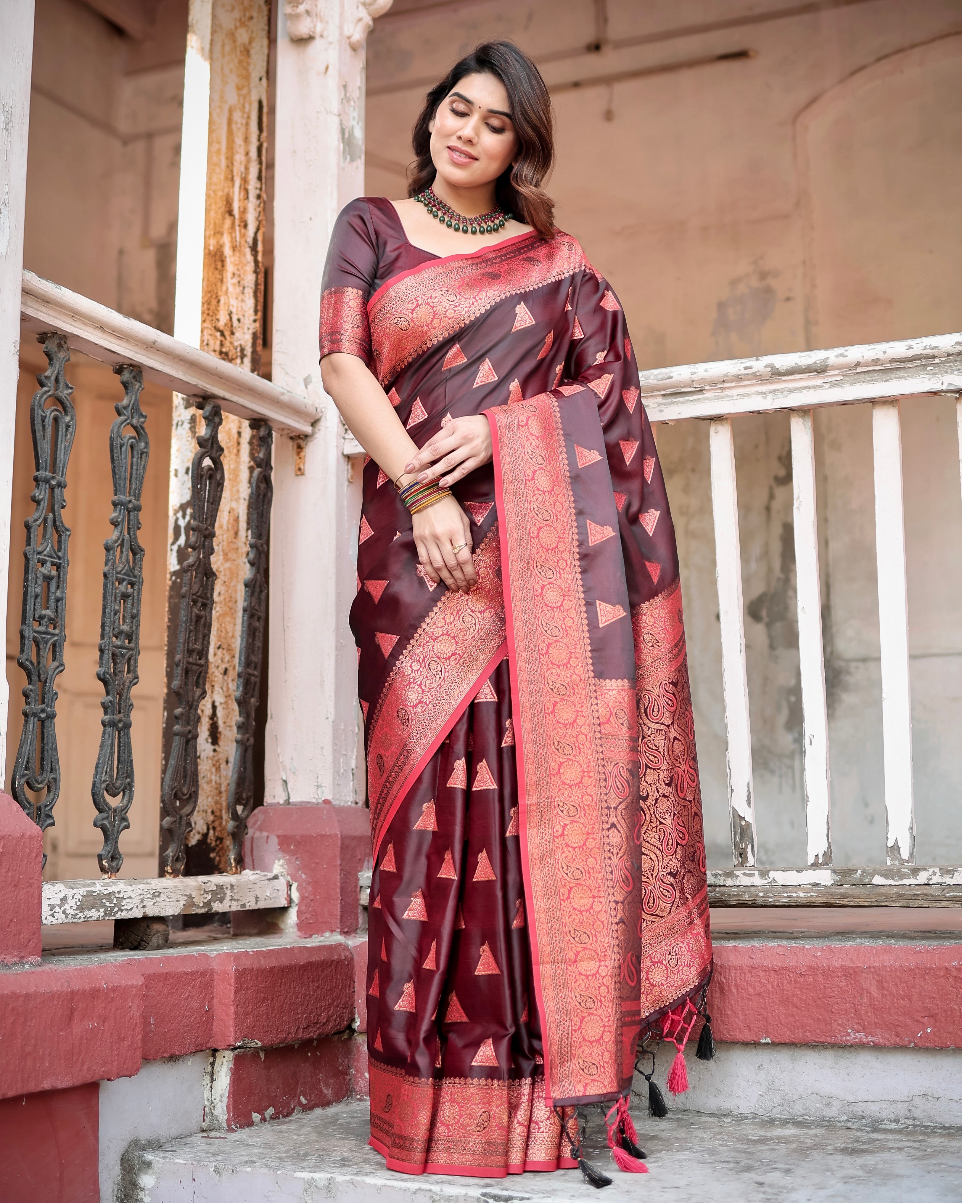 Wine Pure Gaji Silk Saree Weaved With Zari With Tassels