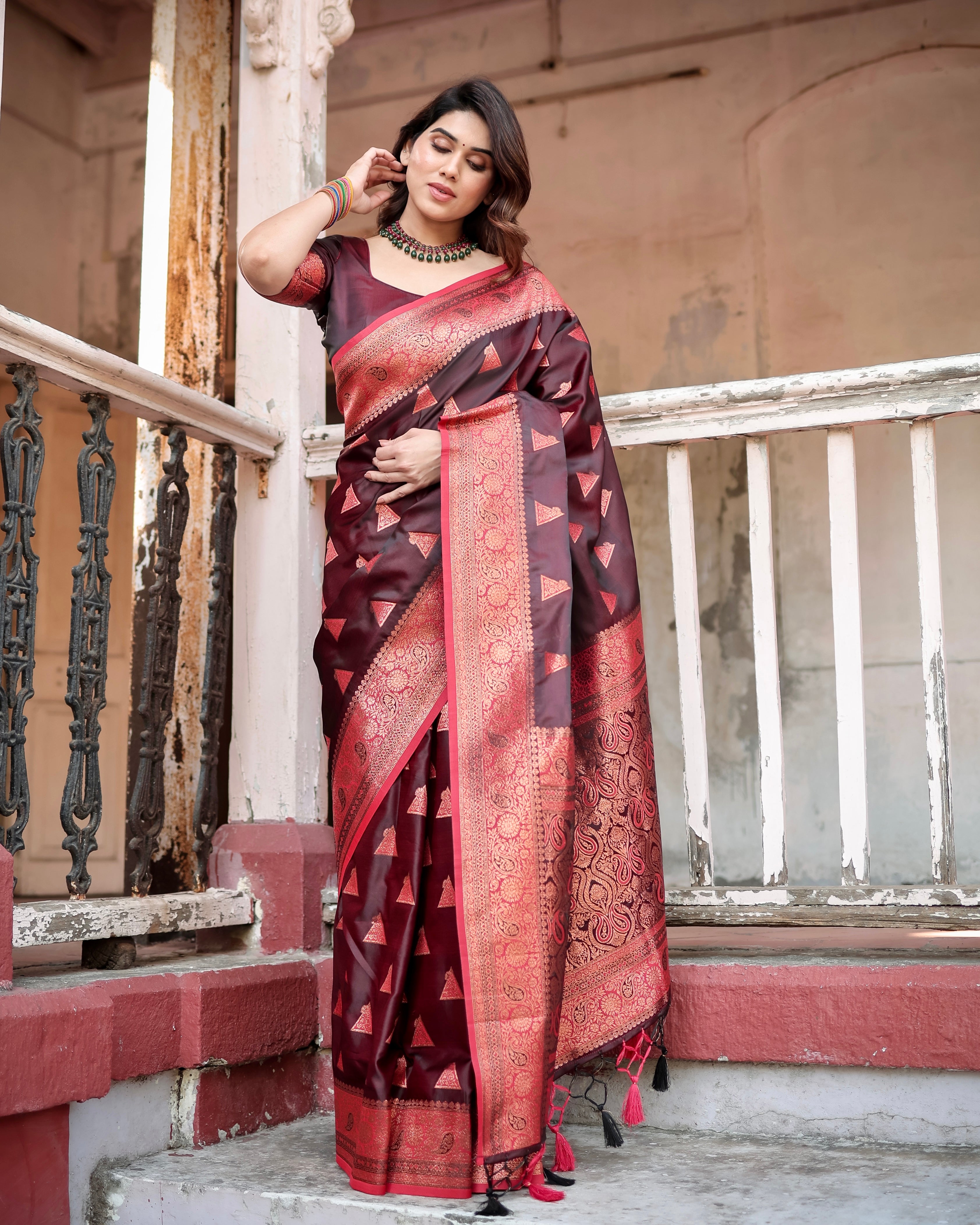 Wine Pure Gaji Silk Saree Weaved With Zari With Tassels