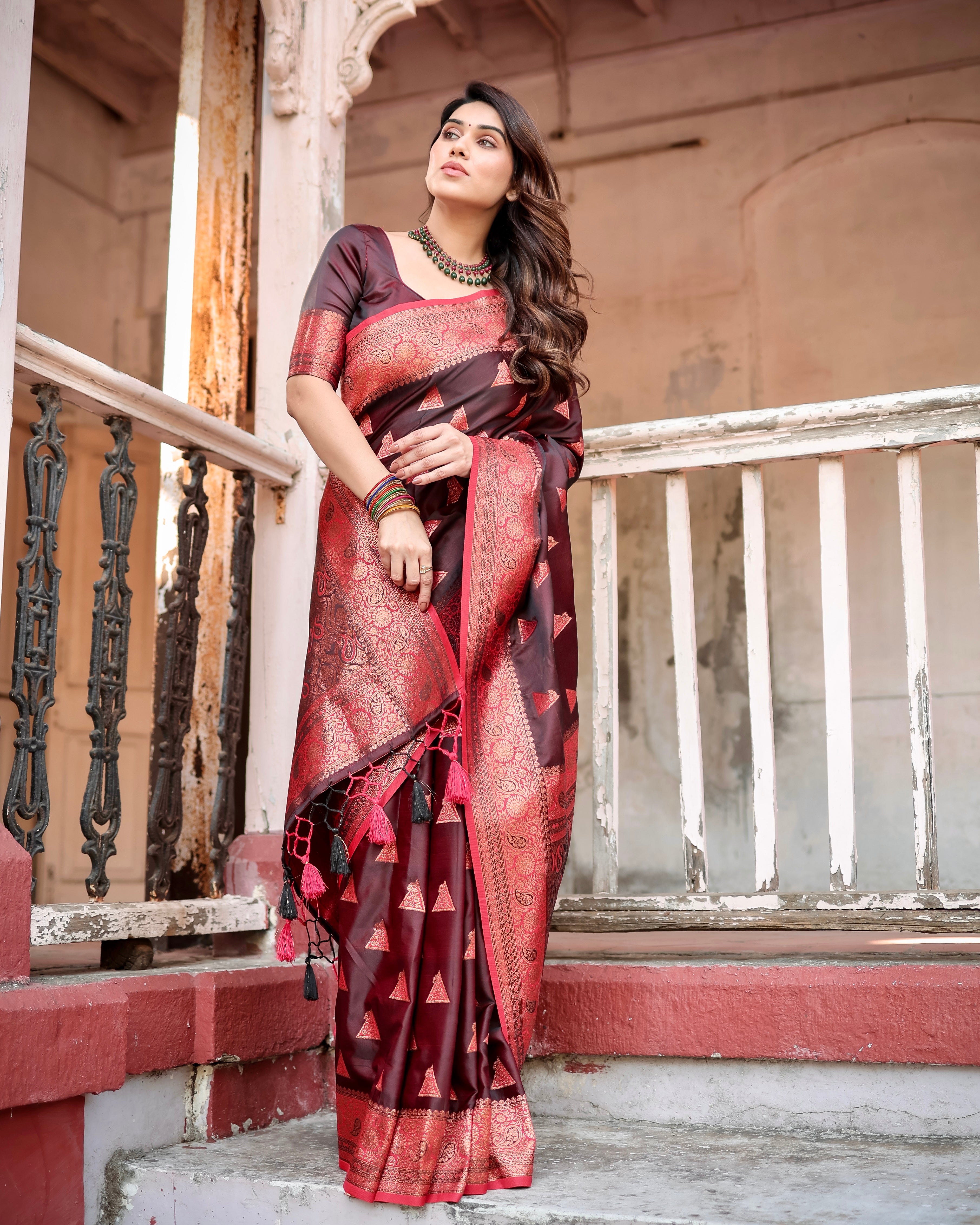 Wine Pure Gaji Silk Saree Weaved With Zari With Tassels