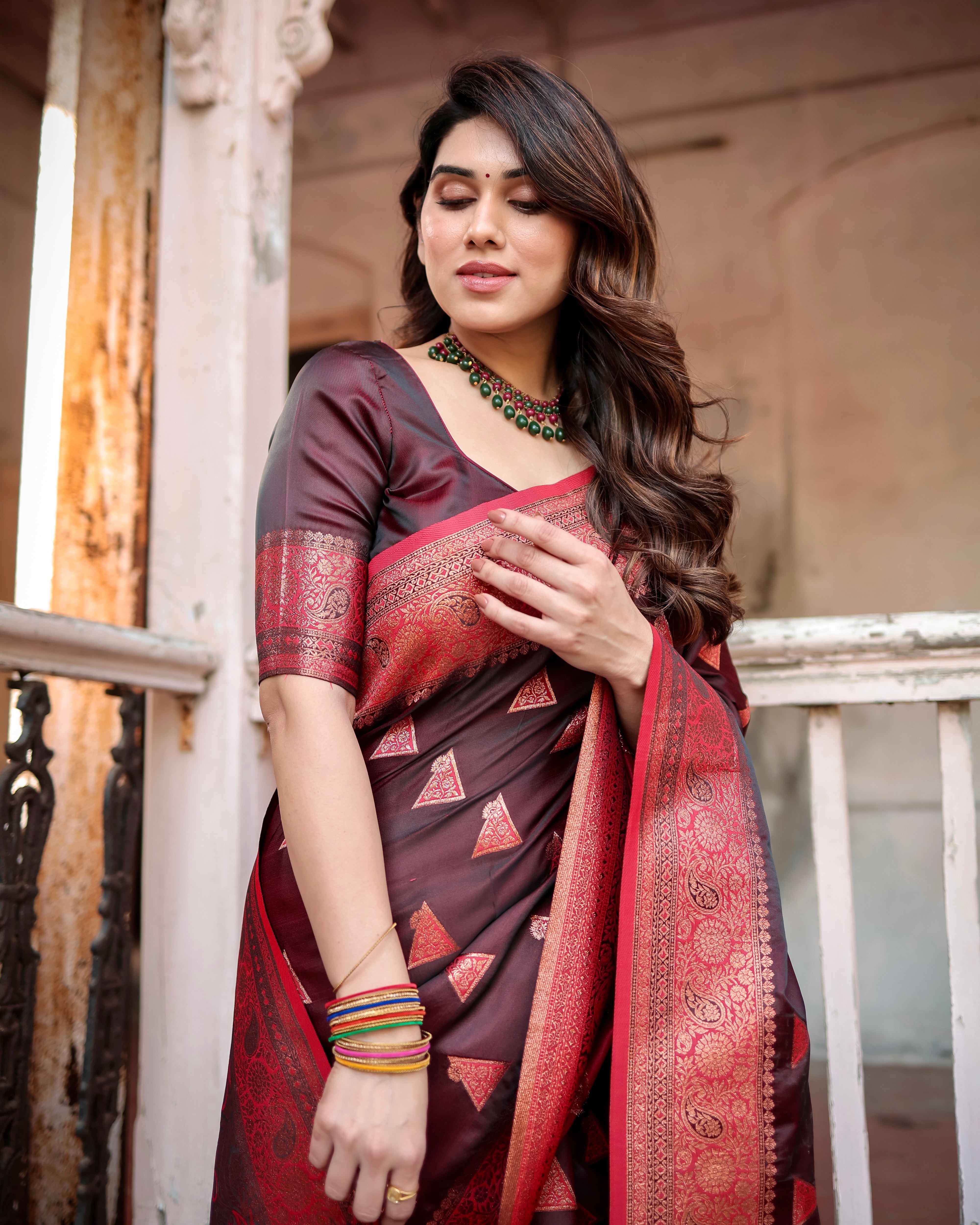 Wine Pure Gaji Silk Saree Weaved With Zari With Tassels