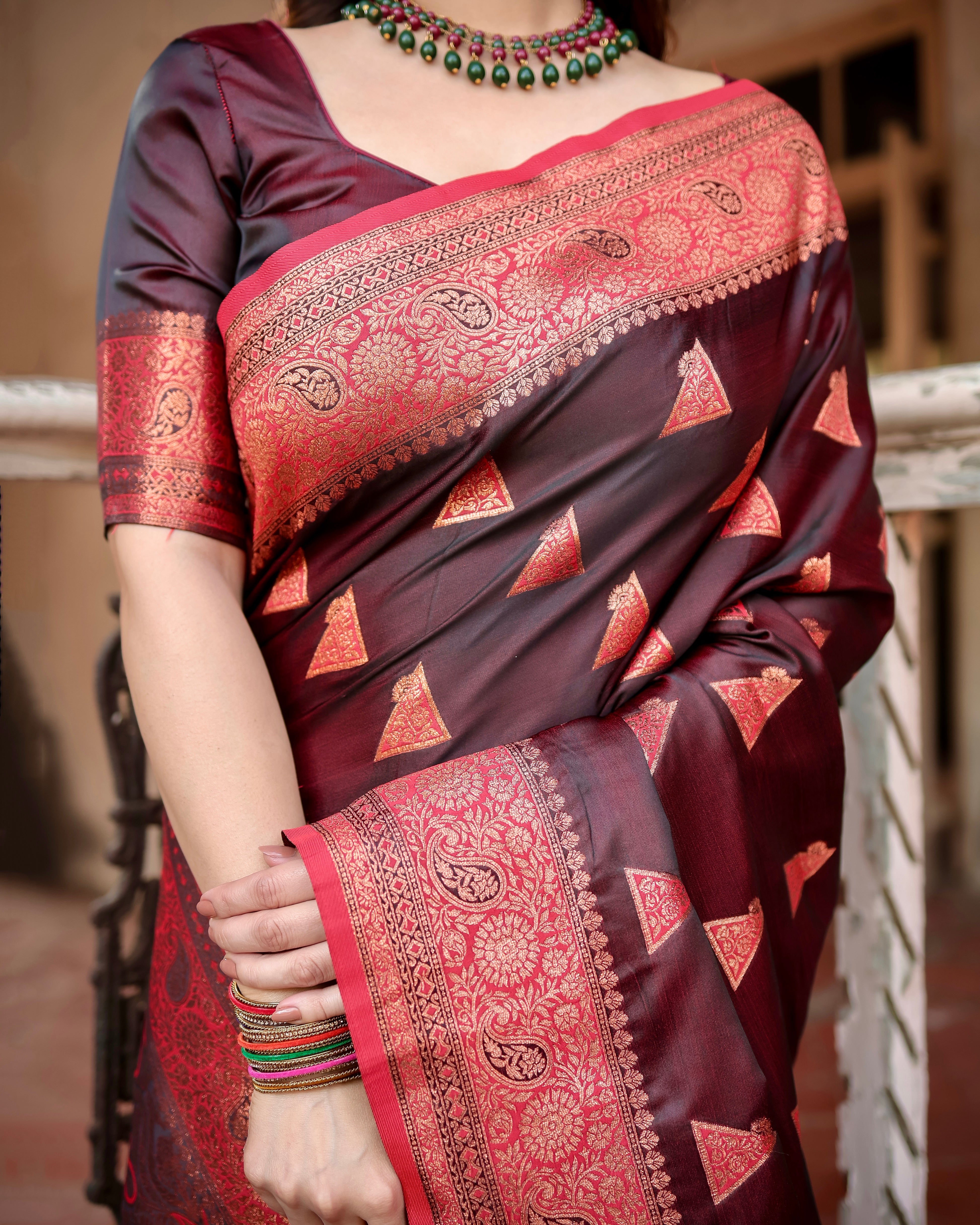 Wine Pure Gaji Silk Saree Weaved With Zari With Tassels