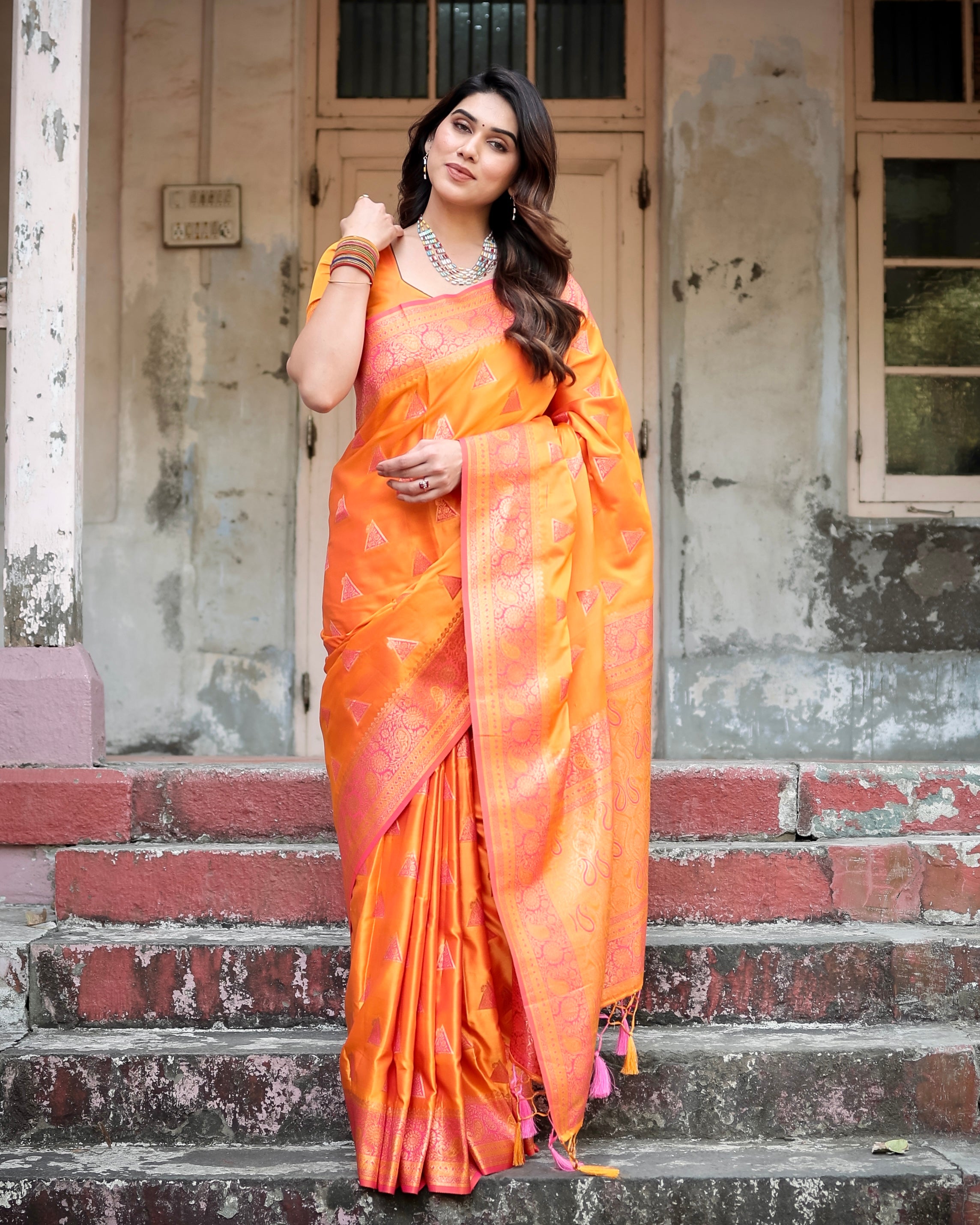 Yellow Pure Gaji Silk Saree Weaved With Zari With Tassels