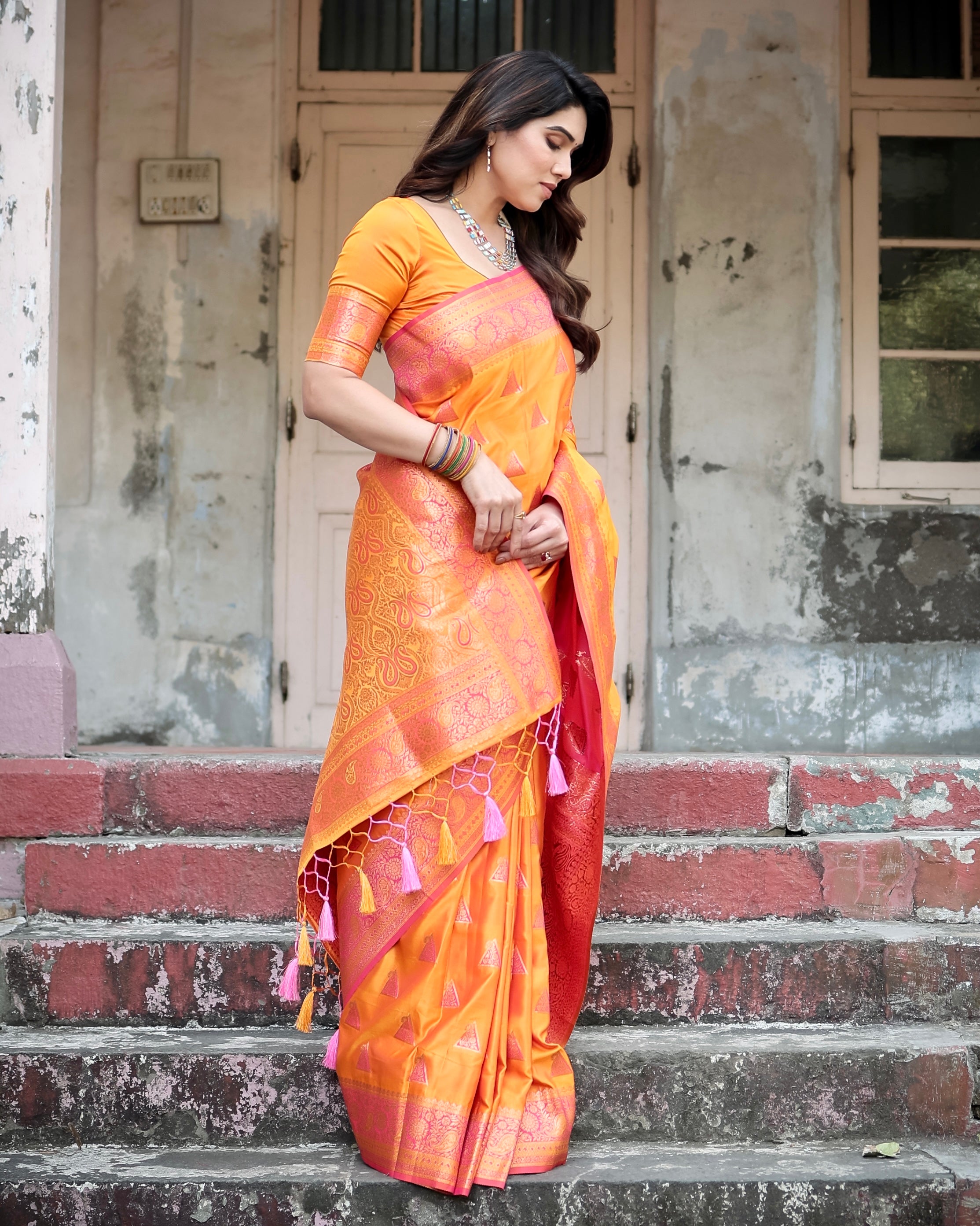 Yellow Pure Gaji Silk Saree Weaved With Zari With Tassels