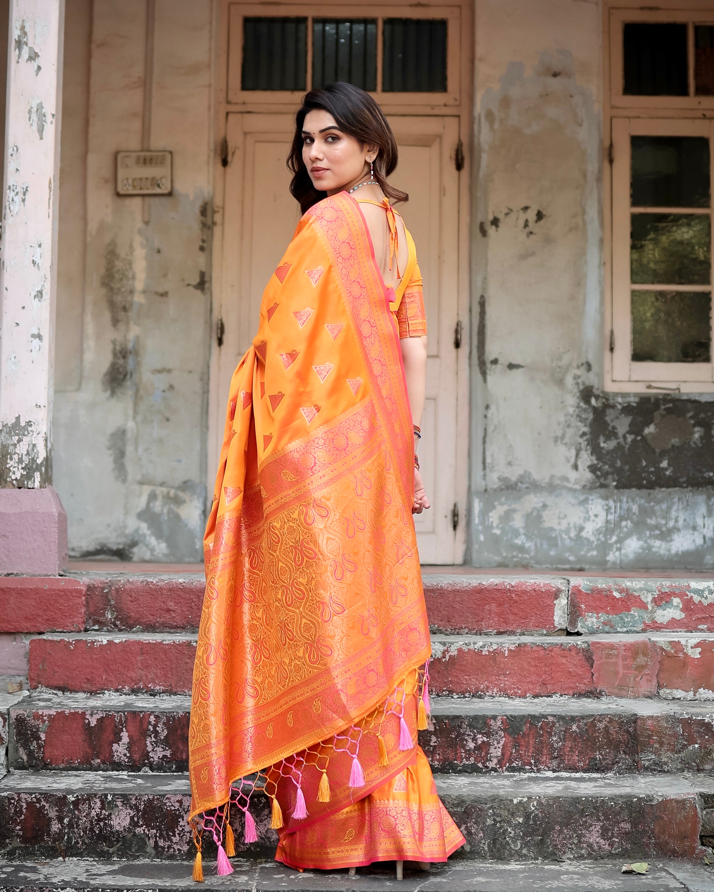 Yellow Pure Gaji Silk Saree Weaved With Zari With Tassels