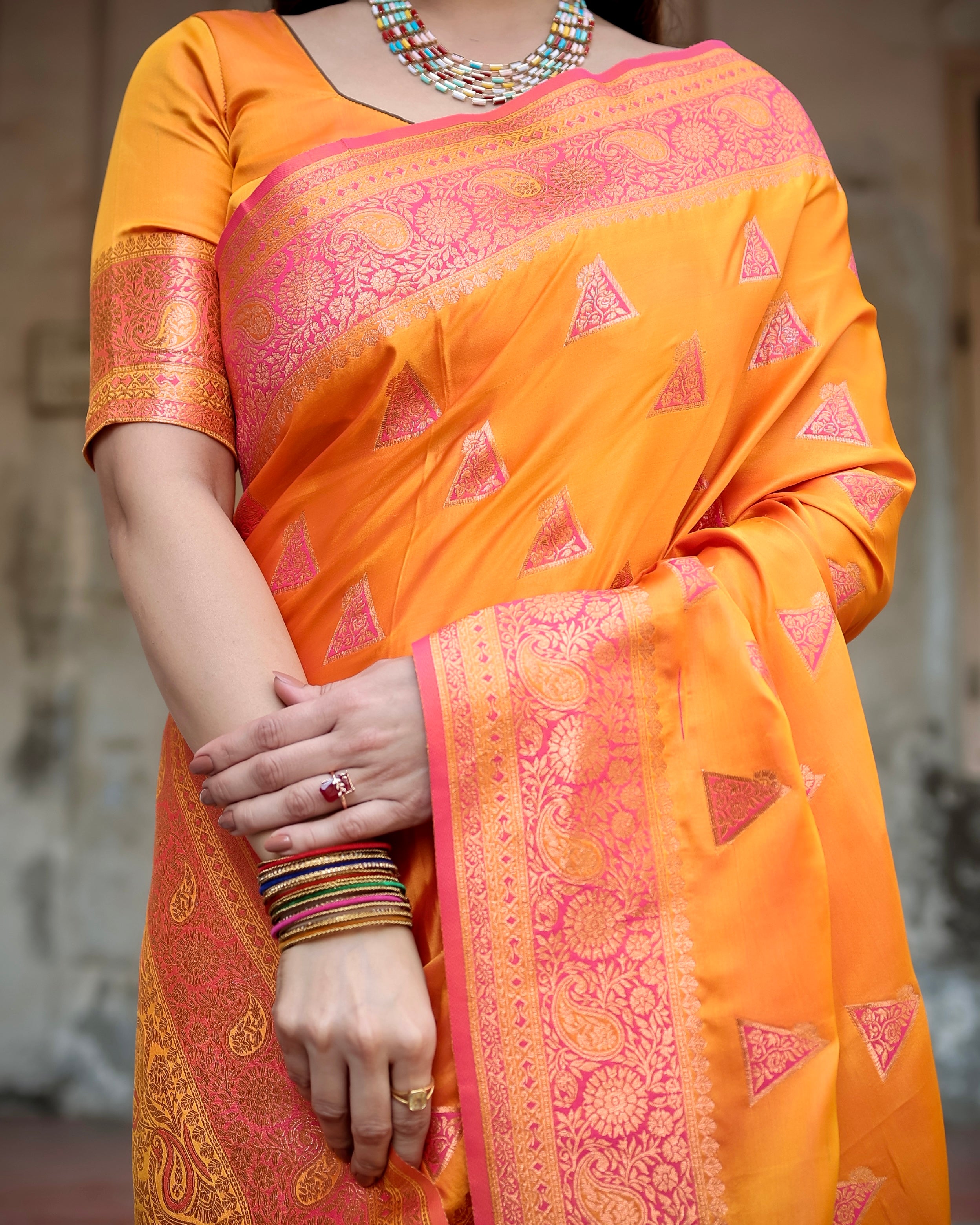 Yellow Pure Gaji Silk Saree Weaved With Zari With Tassels