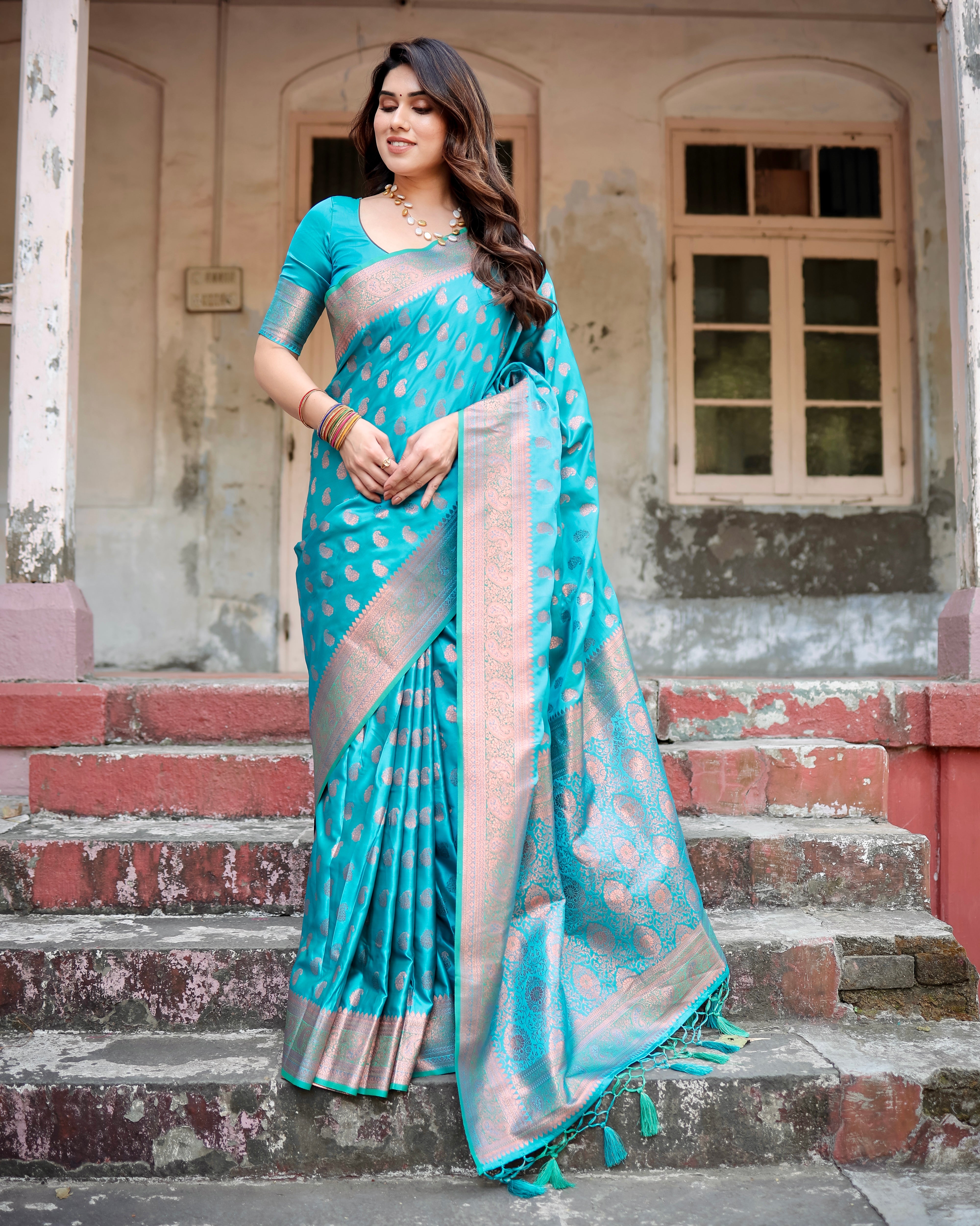 Pure Gaji Silk Firoji Saree Weaved With Zari With Tassels